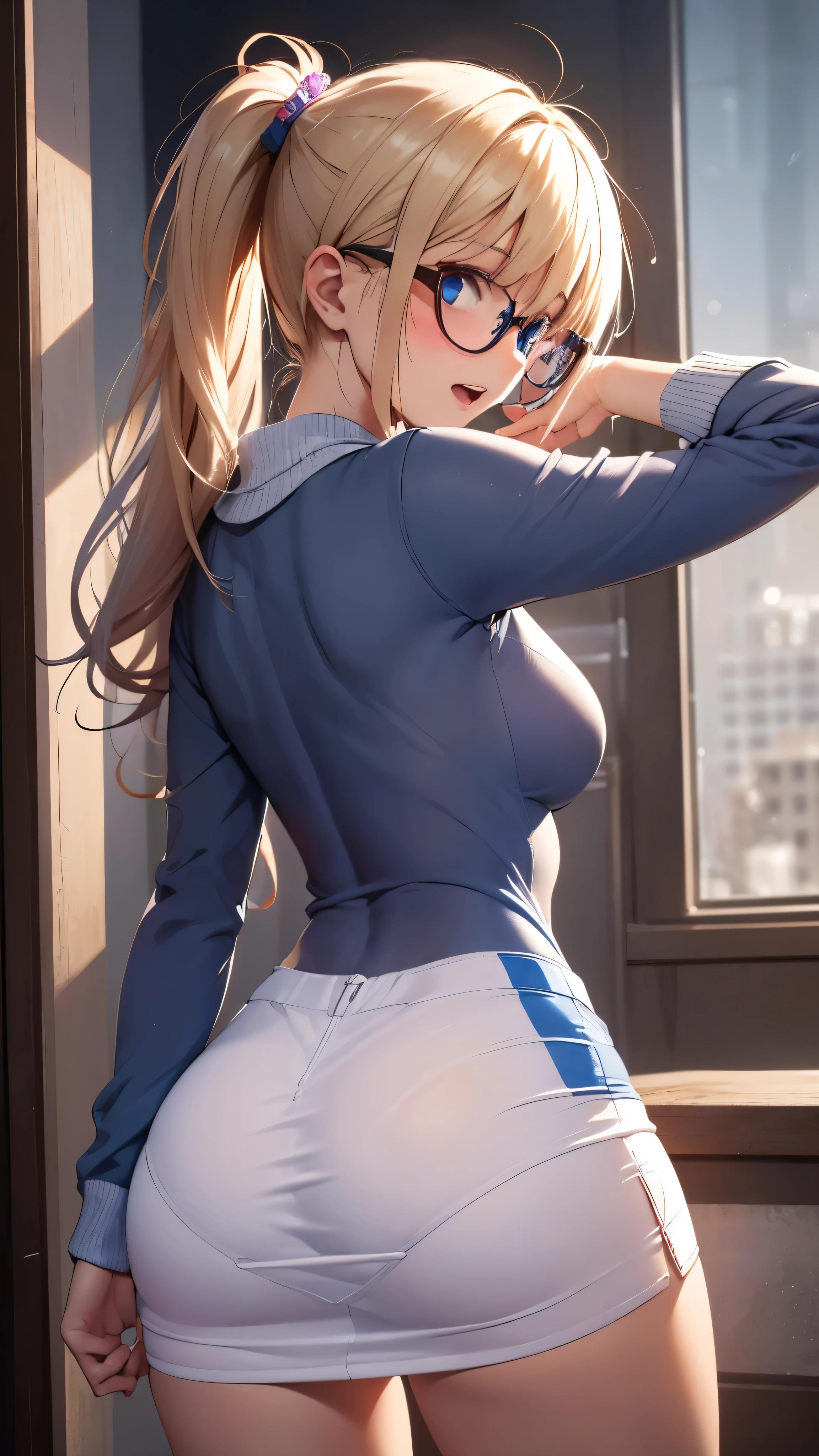 woman,14 years old,,city,night,(((white and blue tight miniskirt bodysuit))),,open mouth smile((See-through))(((Glasses))),((Beautiful long ponytail)),(()),blush、surprised face,(((look back))),((blonde))(((On the way to changing clothes)))(((While undressing)))