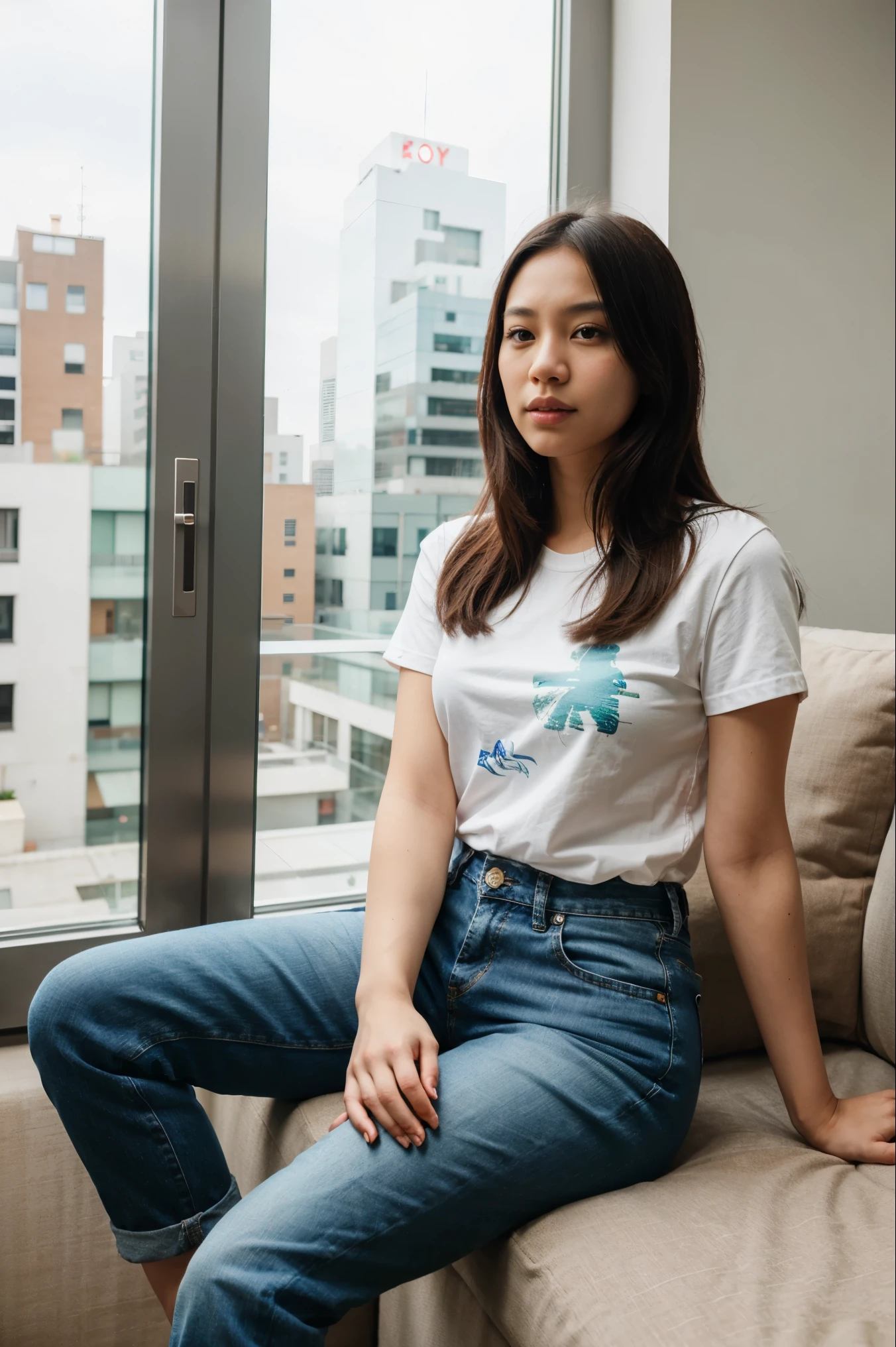 Half body portrait, 8k , plae skin asian ( korea+ Burmese)mixed girl , wearing jeans cargo skirt and shirt 👕