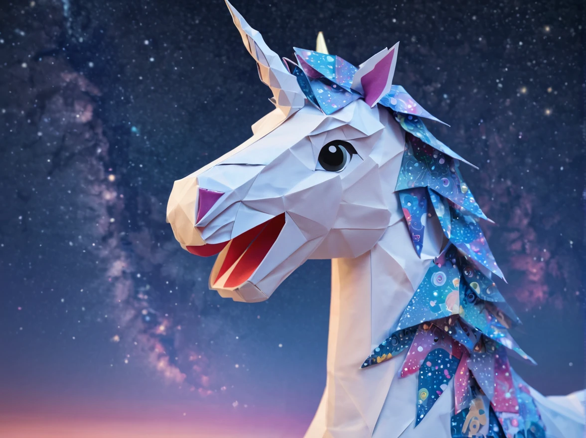 ponytailed unicorn portraits, big smile to the camera, starry sky, zentangled sky, origami, 3d crunch, fantasy