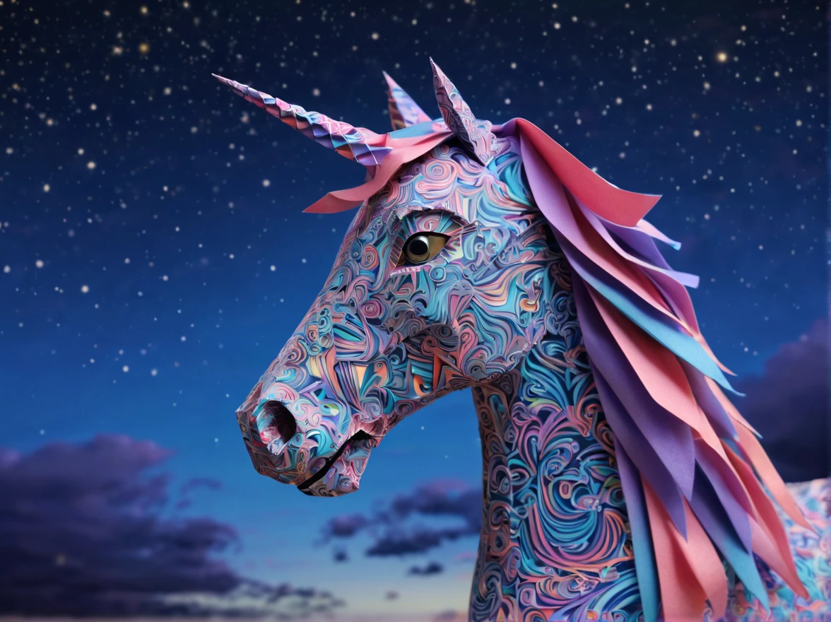 ponytailed unicorn portraits, big smile to the camera, starry sky, zentangled sky, origami, 3d crunch, fantasy