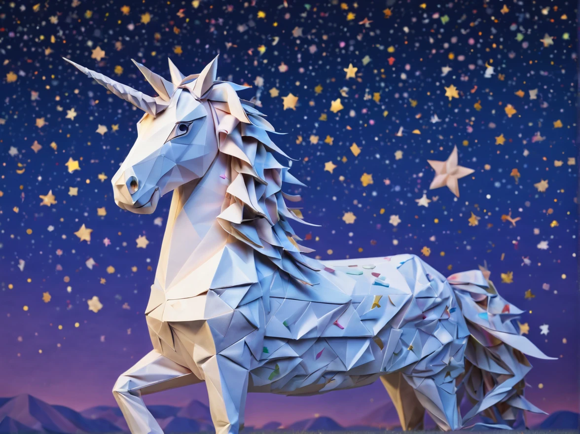 ponytailed unicorn portraits, big smile to the camera, starry sky, zentangled sky, origami, 3d crunch, fantasy