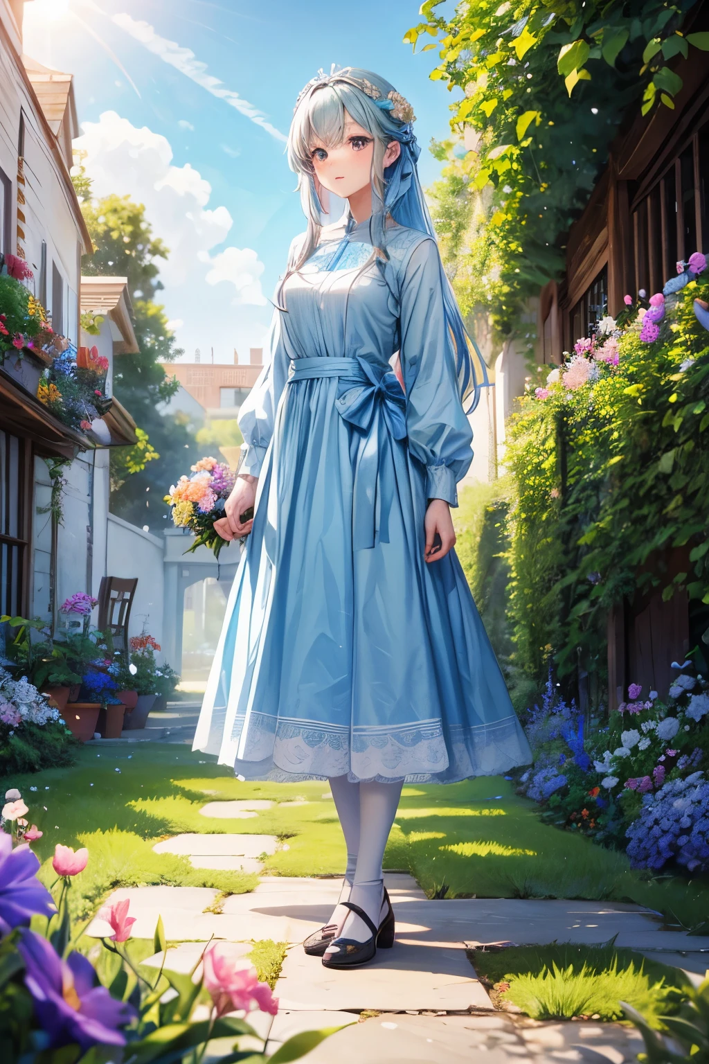 beautiful noble girl in light blue clothes standing in the garden with flowers