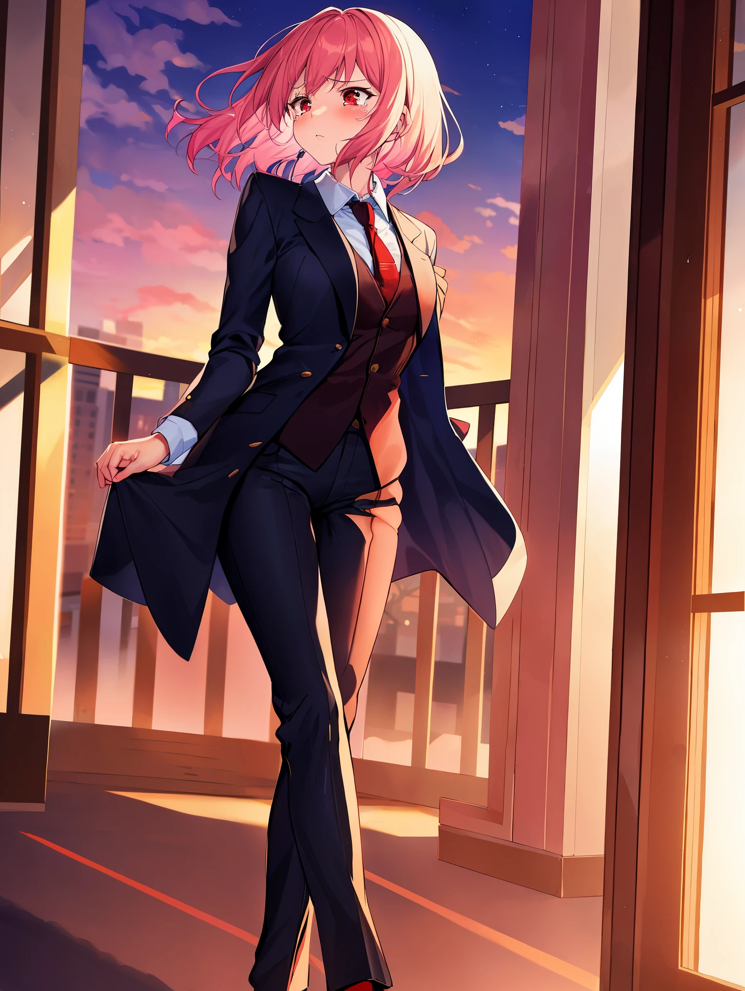 A girl with a disability，Broken arms and legs，Amputation of one leg，The leg is broken，owed girl，Amputation surgery to lose a leg，full body picture，shed tears，pink hair, medium hair, red eyes, serious， breast, black suit, formal suit, red tie, office, window, Sunset, sleeves are empty，The trouser legs are empty，Blowing in the wind，cowboy shooting