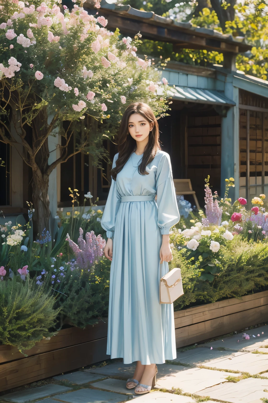 beautiful noble girl in light blue clothes standing in the garden with flowers