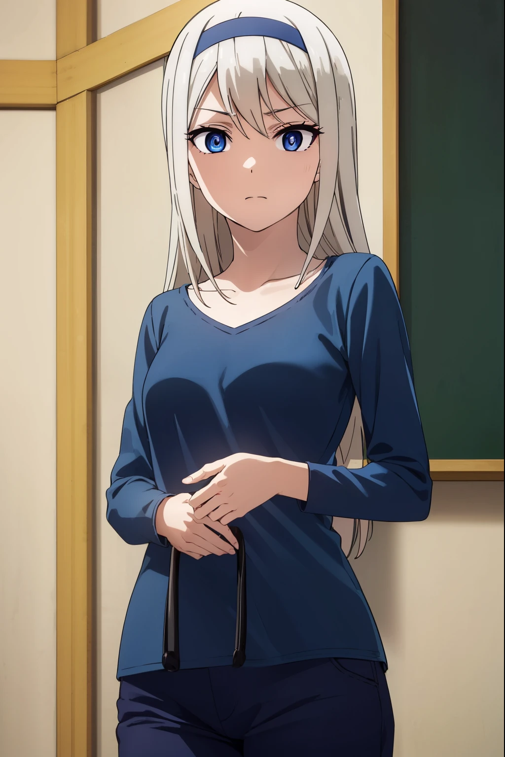 keishirogane, kei shirogane, long hair, blonde hair, blue eyes, white hair, hairband,
BREAK shirt, long sleeves, blue shirt, pants, yellow pants, collarbone,
BREAK indoors, classroom,
BREAK looking at viewer, (cowboy shot:1.5),
BREAK (masterpiece:1.2), best quality, high resolution, unity 8k wallpaper, (illustration:0.8), (beautiful detailed eyes:1.6), extremely detailed face, perfect lighting, extremely detailed CG, (perfect hands, perfect anatomy),