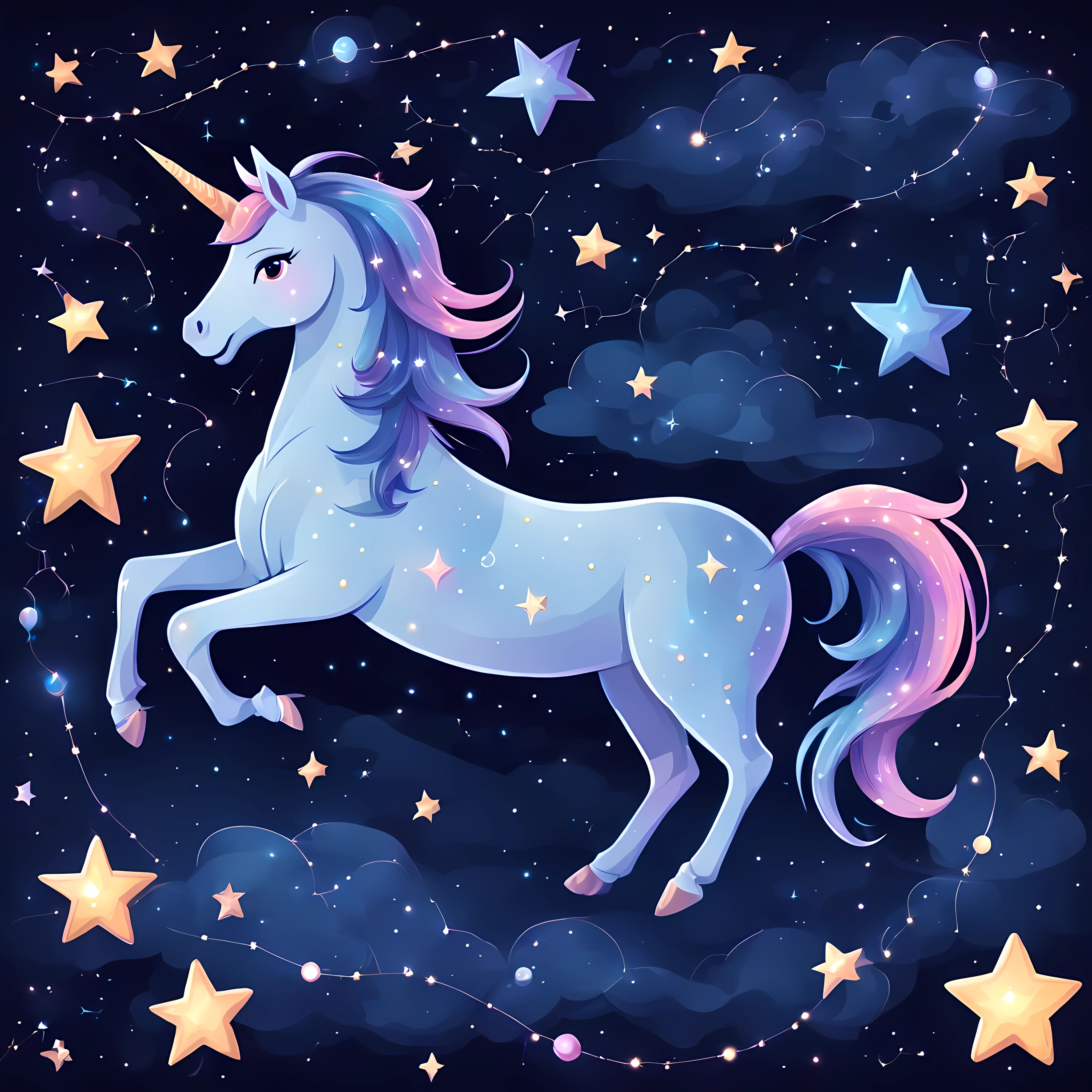 (Cute cartoon style:1.4), masterpiece in maximum 16K resolution, a (((constellation))) composed of several bright stars ((that form the shape)) of a majestic unicorn, mystical night sky. | ((More_Detail))