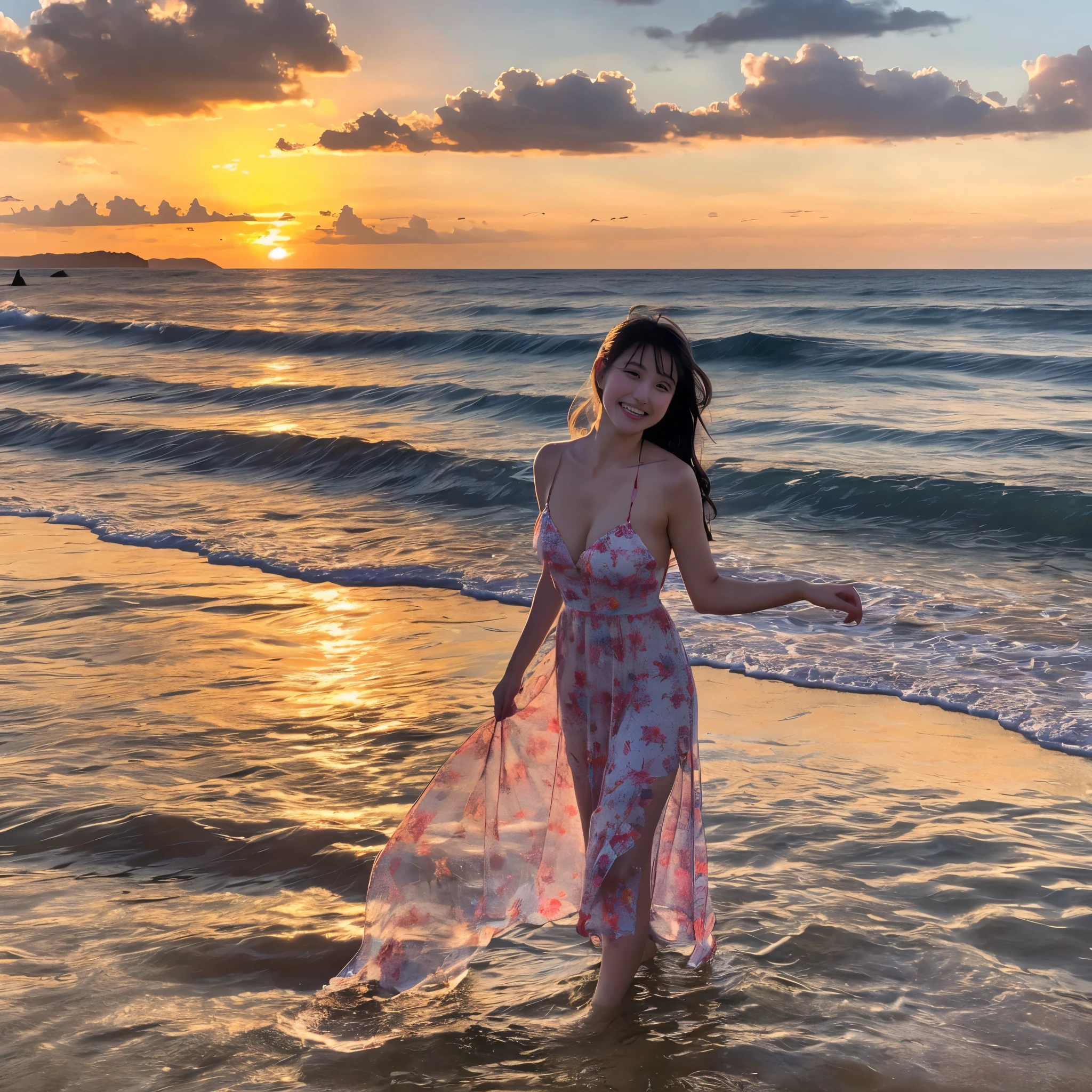 japanese girl, Beautiful girl at 22 years old, Golden Ratio Body, (masterpiece:1.2), (highest quality:1.3), (super realistic:1.5), shallow_sunset, 1 girl, Frolic with the waves, are having fun, A big smile, cowboy shot, swimsuit, off shoulder dress, flower, At dusk, magic hour, Prime time,