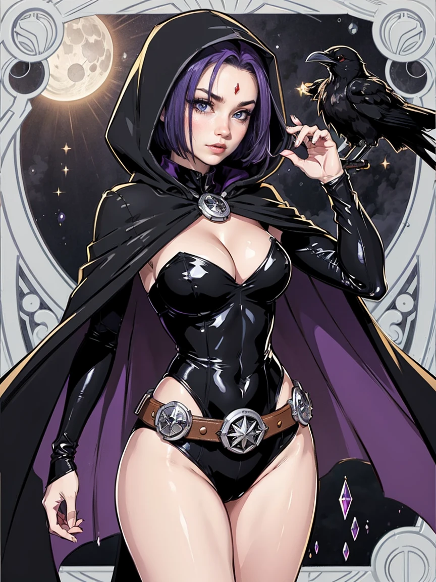 1girl, raven, black leotard, black cape, hood, purple hair, forehead jewel, purple eyes, short hair, belt, skin tight, standing, cleavage, toned, pose, night, moonlight, ((posing)), motion lines, torso, upper body, portrait, b&w. outline, in Anime Tarot Card Art Style, elegant, glamorous, reflection, shine, shading