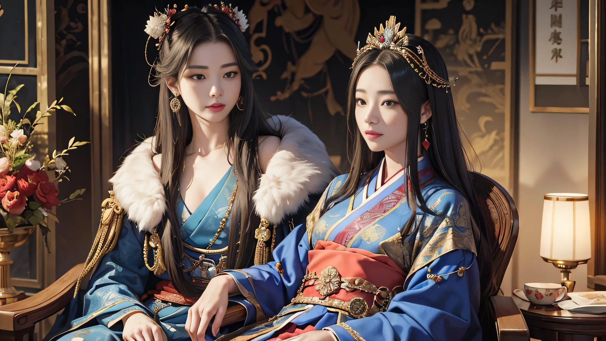 (8K, RAW photo, highest quality, masterpiece: 1.2), (realistic, realistic: 1.37), 1 girl, ancient China、In a room in the imperial court at the end of the Later Han Dynasty、The empress is sitting in a luxurious chair。The empress is華やかな服装で神々It has a nice aura to it..。The empress is綺麗な顔立ちで、She is wearing a hair accessory that was fashionable at the time..。The empress is、he is smiling and looking forward.。