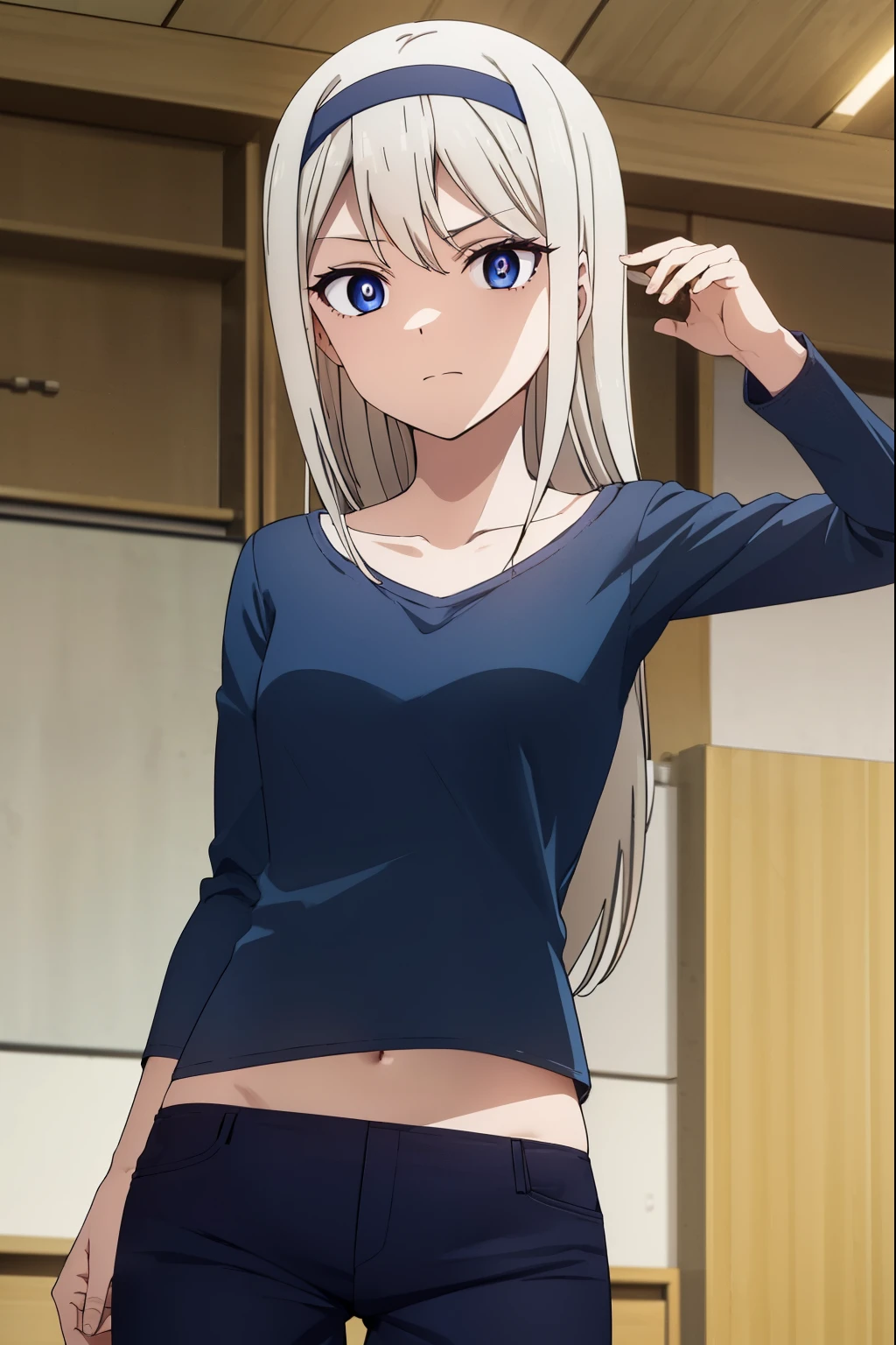 keishirogane, kei shirogane, long hair, blonde hair, blue eyes, white hair, hairband,
BREAK shirt, long sleeves, blue shirt, pants, yellow pants, collarbone,
BREAK indoors, classroom,
BREAK looking at viewer, (cowboy shot:1.5),
BREAK (masterpiece:1.2), best quality, high resolution, unity 8k wallpaper, (illustration:0.8), (beautiful detailed eyes:1.6), extremely detailed face, perfect lighting, extremely detailed CG, (perfect hands, perfect anatomy),