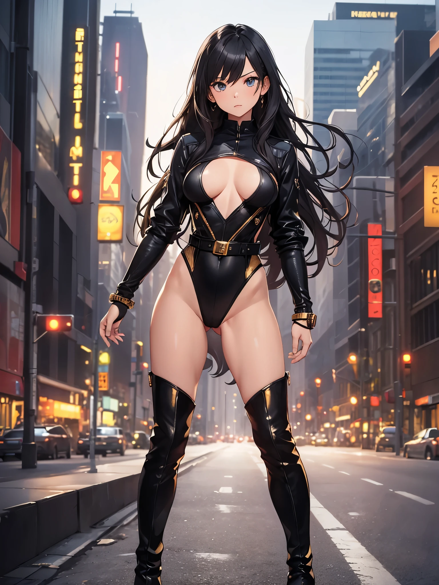 1girl, medium breasts, leotard, black and gold leotard, tight belt, bare legs, boots, matching boots, bracelets, city backdrop, solo, single, standing, full body shot, cowboy shot, beautiful detailed eyes, mature lady, black hair, long hair