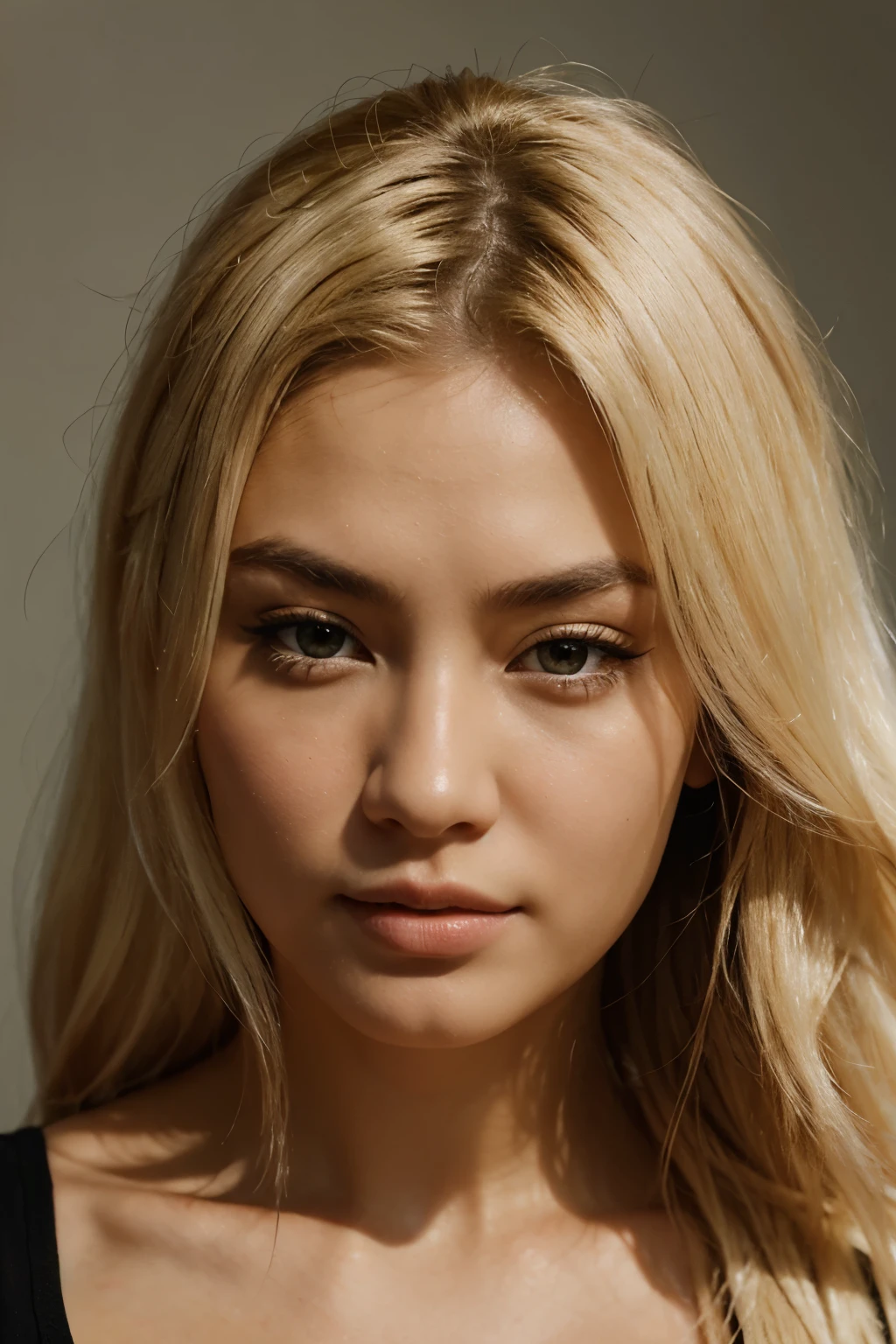 eurasian woman portrait photorealistic bleached hair watching straight to the camera