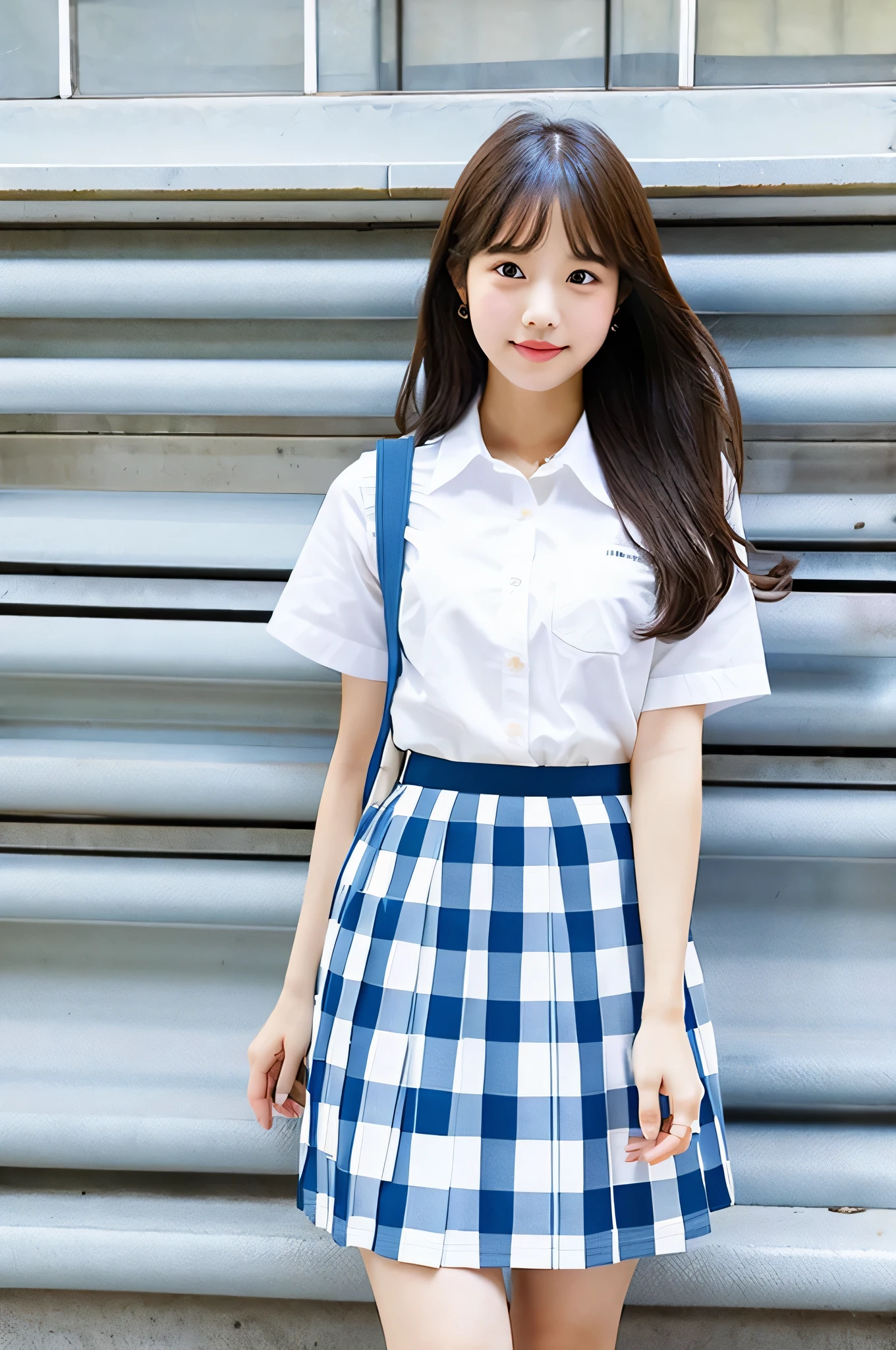 super mini skirt(light blue and white check pattern)20 year old high school girl wearing a white shirt.