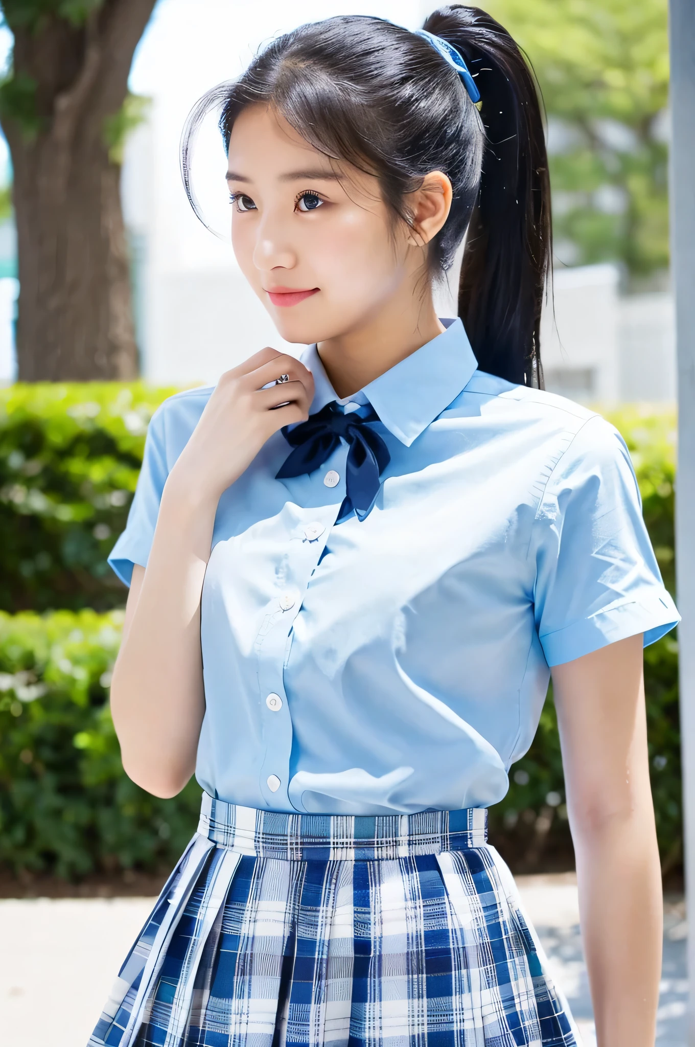 super mini skirt(Light blue plaid)20 year old high school girl wearing a white shirt.(black hair ponytail)