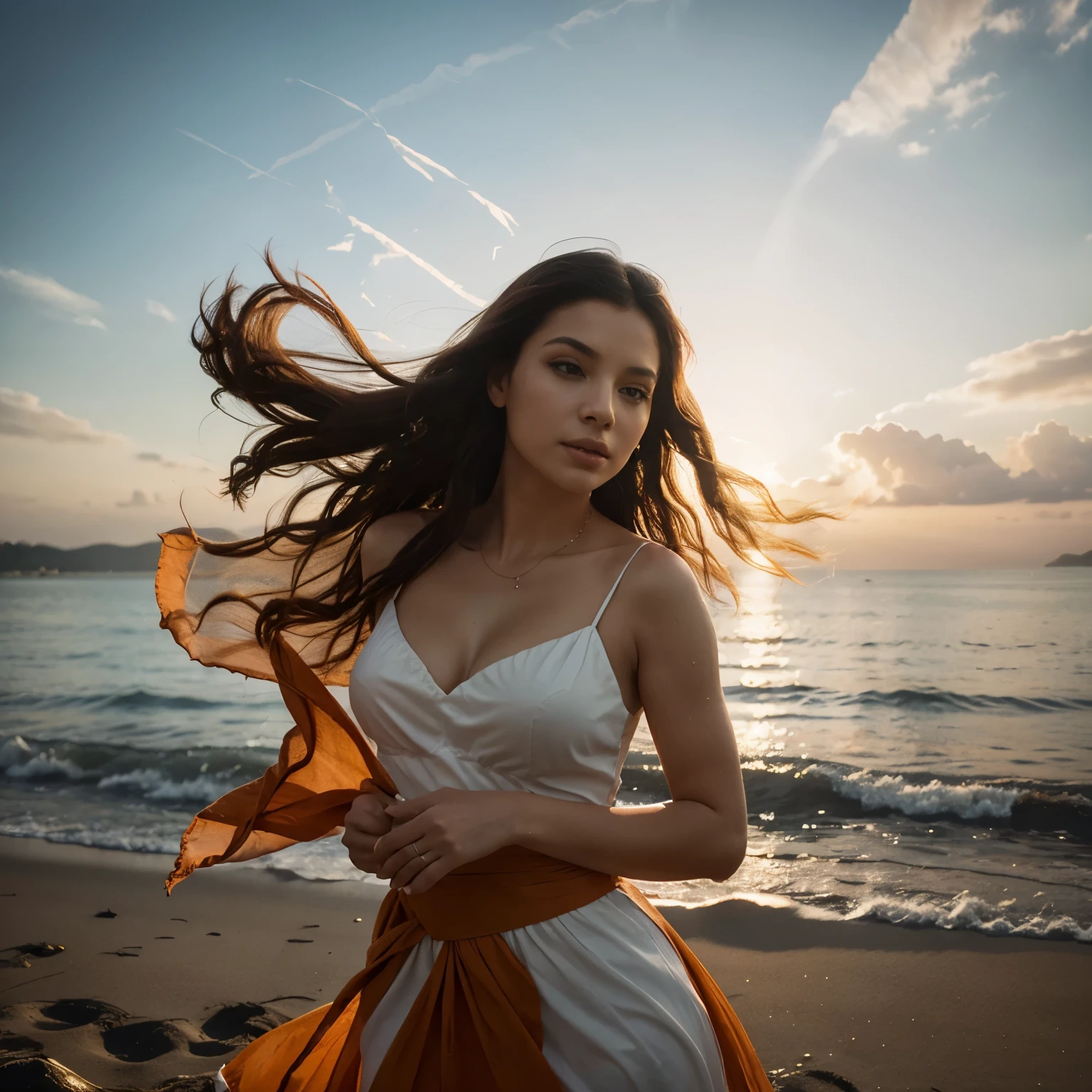 In this compelling image, a woman's silhouette emerges against a breathtaking backdrop of vibrant orange hues. Caught in the midst of a gentle, swirling wind, her flowing hair and billowing dress possess an ethereal quality. The letter she holds seems to be suspended in mid-air, its scripted words dancing in the breeze. This captivating scene is presented as a stunning, high-resolution photograph, expertly capturing the woman's graceful poise and the dynamic play of light and shadow. By paolasalome. The seamless blending of colors and the impeccable attention to detail make this image a testament to the artist's skill and the woman's mysterious allure., vibrant, 3d render, cinematic, illustration, anime, portrait photography, conceptual art, photo, painting