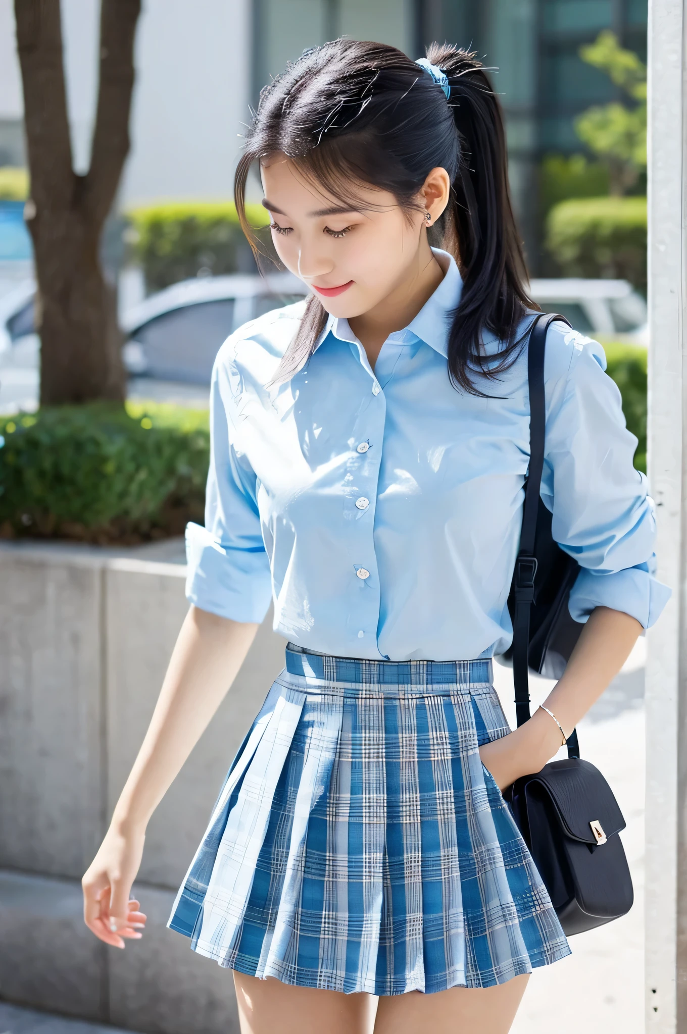 super mini skirt(Light blue plaid)20 year old high school girl wearing a white shirt.(black hair ponytail)