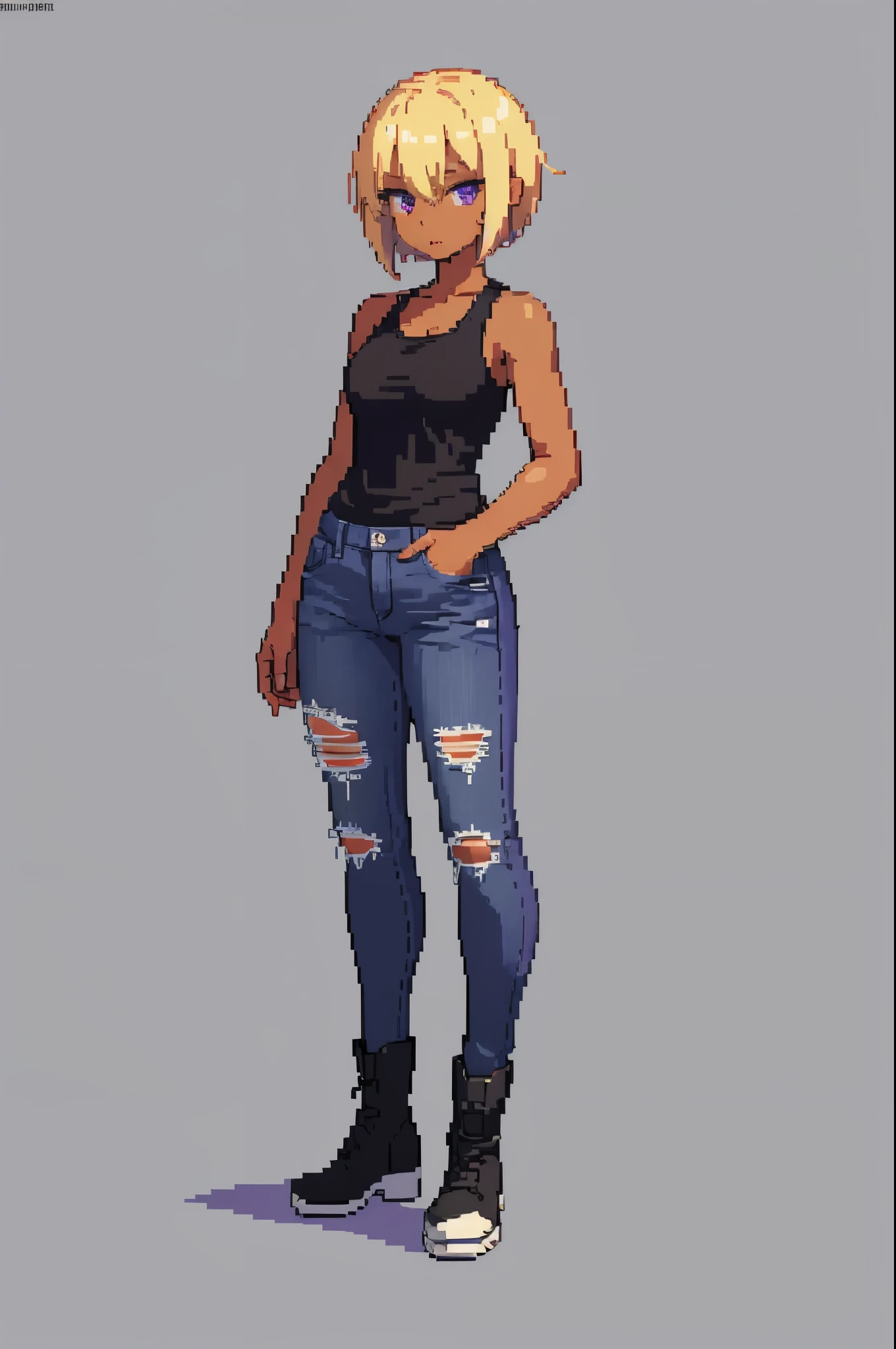 masterpiece, top quality, best quality, less detail, 8-bit color), pixel, pixelアート, cool女性, whole body, (blonde, very short hair), Black tank top, jeans,boots, Dark skin, purple eyes,Purple Lip ,Rin々nice face, cool, narrow eyes