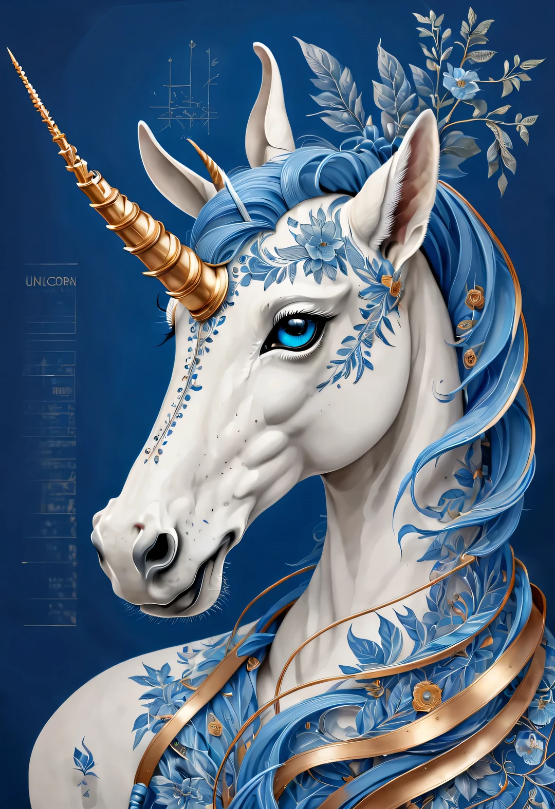 blueprint art style, unicorn，portrait, Beautiful detailed