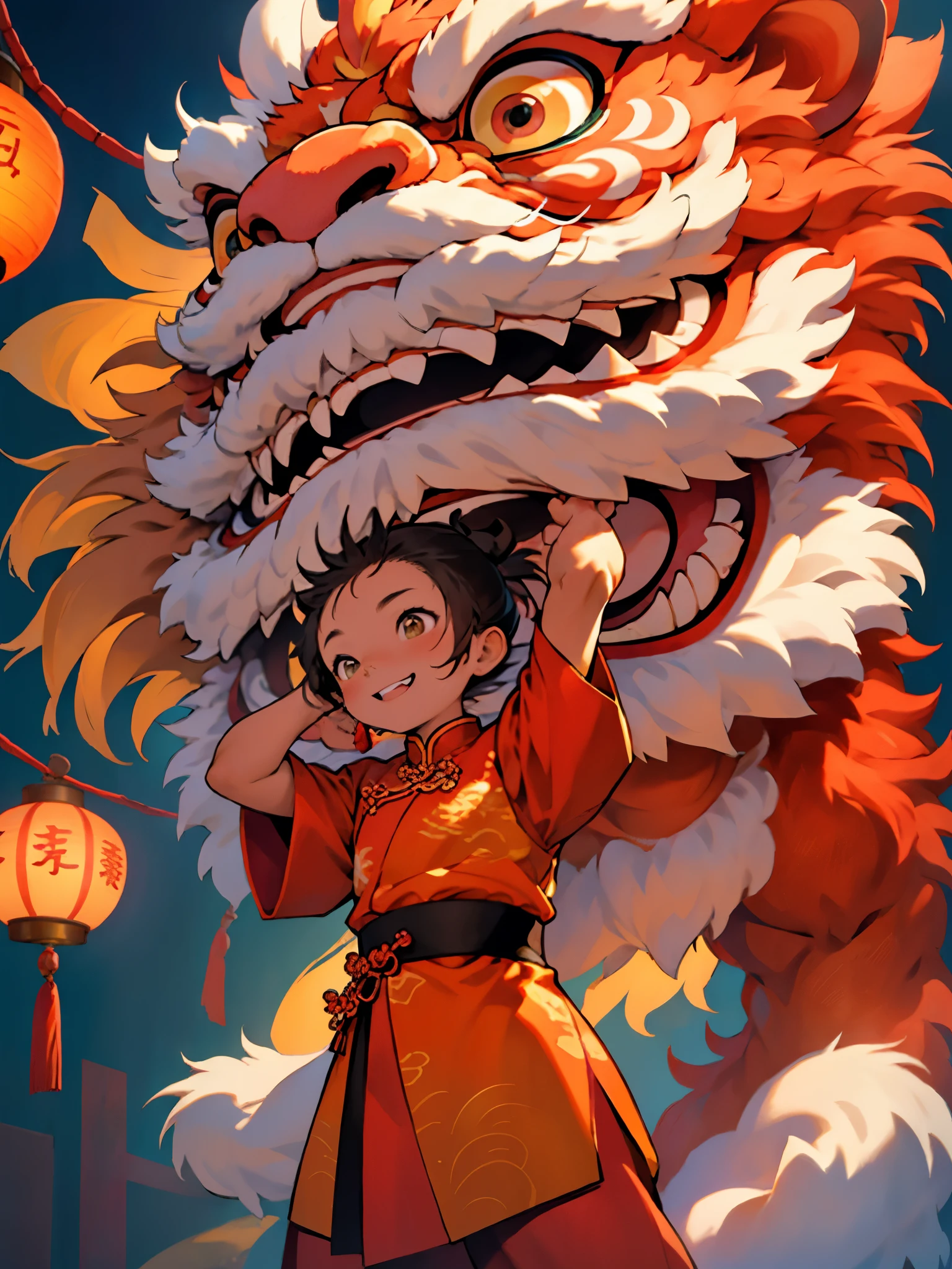 The picture shows a wonderful Chinese lion dance performance。The stage set faces the traditional courtyard，Big red lanterns hung high。center of picture，The majestic lion dance is ready。it is tall and powerful，Covered in red fur，The body is decorated with red、green ornaments。Its lion head comes to life，The eyes are flexible，Stare ahead。Lion bites firecracker，It symbolizes the power of celebration and the power of destruction。 Two dancers perform lion dance。They wear uniform clothes，Precisely coordinate movement。Dancer wearing red robe，with dancing sticks，dancing lion body，Showing the strength and power of the lion。The rear dancer manipulates the tail of the lion dancer，Follow the lion dance with flexibility and elegance。 The audience was elated，There was endless applause and applause。They watched every move of the lion dance attentively，Full of joy and excitement。The whole picture is full of joy、happy atmosphere。The colors are bright and bright，Makes you feel like you are in a happy festival，It shows the unique charm and wonderfulness of lion dance performances in Chinese culture。

