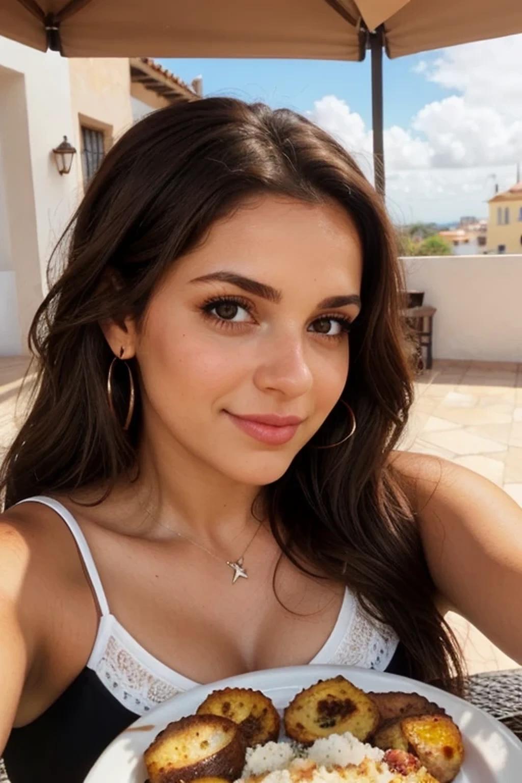 1mujer, (realista:0.75), brown hair, Cabello largo, ojos negros, feliz, almorzando,amigas rubias,brown eyes,europeas, selfie, comida