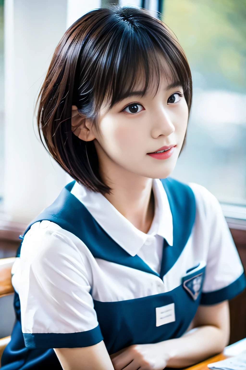 table top, highest quality, shape, Super detailed, finely, High resolution, 8k wallpaper, 完璧なダイナミックな構shape,Beautiful woman at 30 years old,sexy,Japanese、short cut hair、school uniform