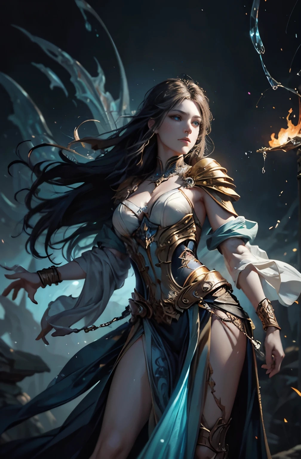 beautiful magician woman, water ball on the right、Ball of flame in left hand, Creation ritual, 4K fantasy art, by Jan J., fantasy art style, 2. 5d cgi anime fantasy artwork, epic fantasy art style hd, Epic fantasy digital art style, detailed fantasy art, Detailed digital 2D fantasy art, Ruan Jia and Artgerm, 8K fantasy art, sharp outline, extremely detailed and beautiful eyes, blue eyes without pupils, beautiful blue eyes, quite beautiful face, Rin々Looks, Valhalla, unparalleled beauty, master piece, best quality, perfect angle, perfect composition, best shot, official art, cinematic light, very beautiful and fantastic scenery, chivalry dream, Sense of presence, Michael Letter, Christoph Huge 、super detailed paintings, luminism, art by Carne Griffiths and what a bone concept art, 4K resolution, fractal isometricdetailbioluminescence , 3D rendering, octane rendering, intricately detailed , cinematic, trending on artstation Isometric Centered hyperrealistic cover photo awesome full color, hand drawn, Defining a hit , cinematic,fantastic background, abstract beauty,stand, approaching perfection, pure form, golden ratio, minimalistic, unfinished, concept art, Written by Brian Froud、Khan Griffith、what a bone、john william waterhouse, intricate details, 8K post production, High resolution, hyper detail, Trending with ArtStation, studio photography, intricate details, very detailed, Written by Greg Rutkowski