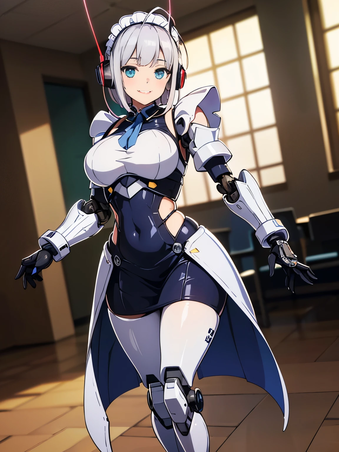 (((1 woman:1.8)))、(((full body description)))、(((Standing depiction)))、(((9th class)))、Beautiful woman in moe pose in futuristic white shiny heavy armored robot suit、perfect android girl, gynoid cyborg body, perfect anime cyborg woman, beautiful female android!, female robot, fully robotized!! girl, Cute cyborg girl, cyber suit, メカサイバーアーマーを着たgirl, cyber suit, beutiful white girl cyborg, beautiful female android, Beautiful girl cyborg、Cute robot woman with white silver short bob hair、Gravure Model Android Beautiful Girl、(bright smile:1.3)、(((Headphones with long sensor antennas in both ears)))、(robot girl)、(((美しいgirlアンドロイド)))、(((重装甲メイド服を着たgirl)))、(((White heavy armored robot girl in maid clothes)))、(((White heavy armored robot beautiful girl in miniskirt and maid clothes)))、(((Beautiful girl in white heavy armored maid robot)))、(((Cyborg Maid Beautiful Girl)))、(((Robot beautiful girl wearing white shiny heavy armored maid clothes)))、(((waitress))),Proper body proportions,table top,Super high quality output image,High resolution,intricate details,very delicate and beautiful hair,(Photoreal:1.3)realistic pictures,dream-like,professional lighting,realistic shadow,focus only,well-groomed face,Big eyes,beautiful hands,beautiful fingers,Detailed functions of fingers,Detailed clothing characteristics,Detailed characteristics of hair,detailed facial features,
