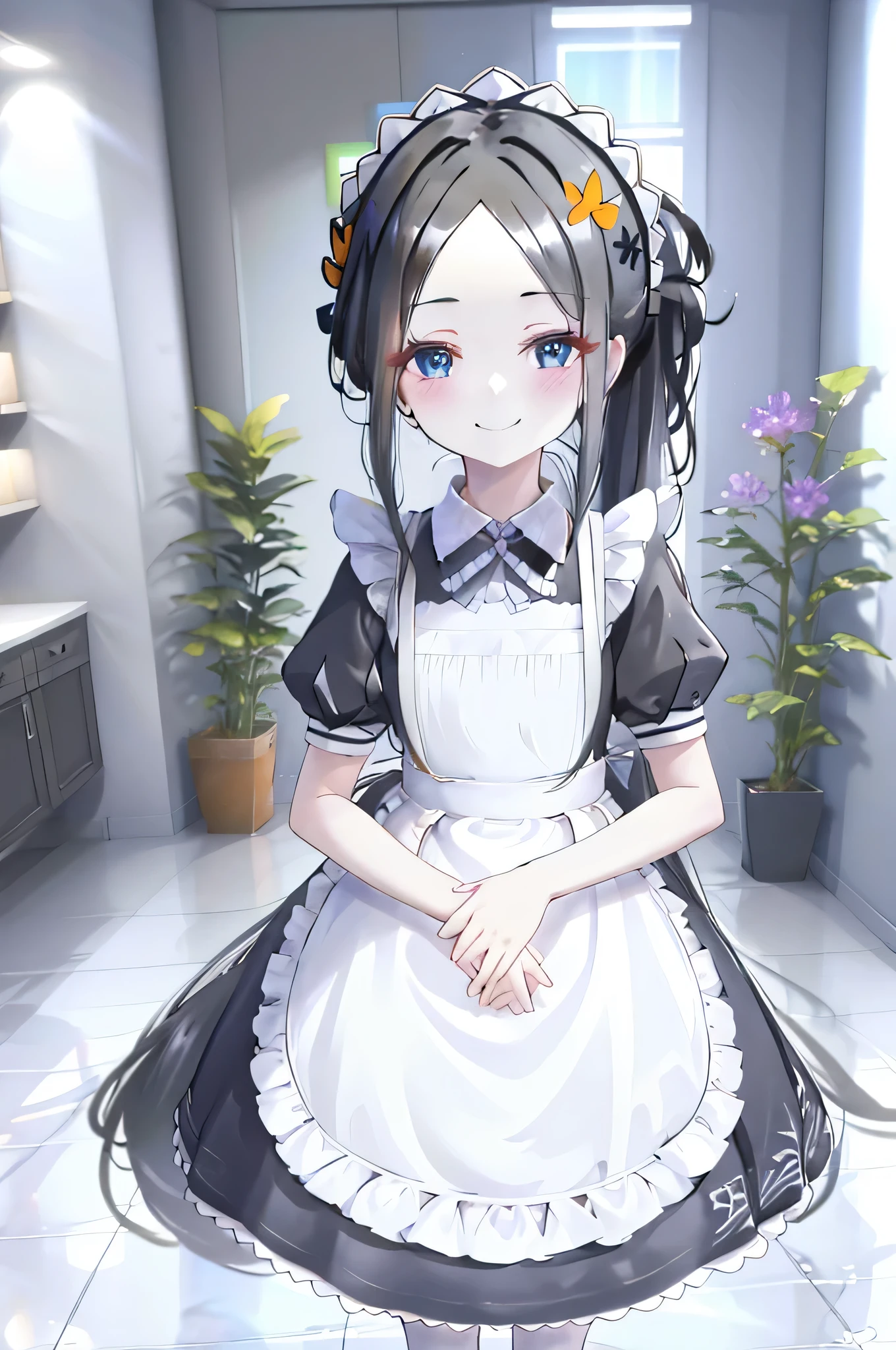 masterpiece, highest quality, High resolution, Da Vinci, ponytail, hair ribbon, parted bangs, maid headdress, small breasts, maid, black dress, white apron, Puffy short sleeves, black stockings, indoors, Are standing, smile, cowboy shot, arm to the side, straight,((black hair)),((flower hair ornament)),