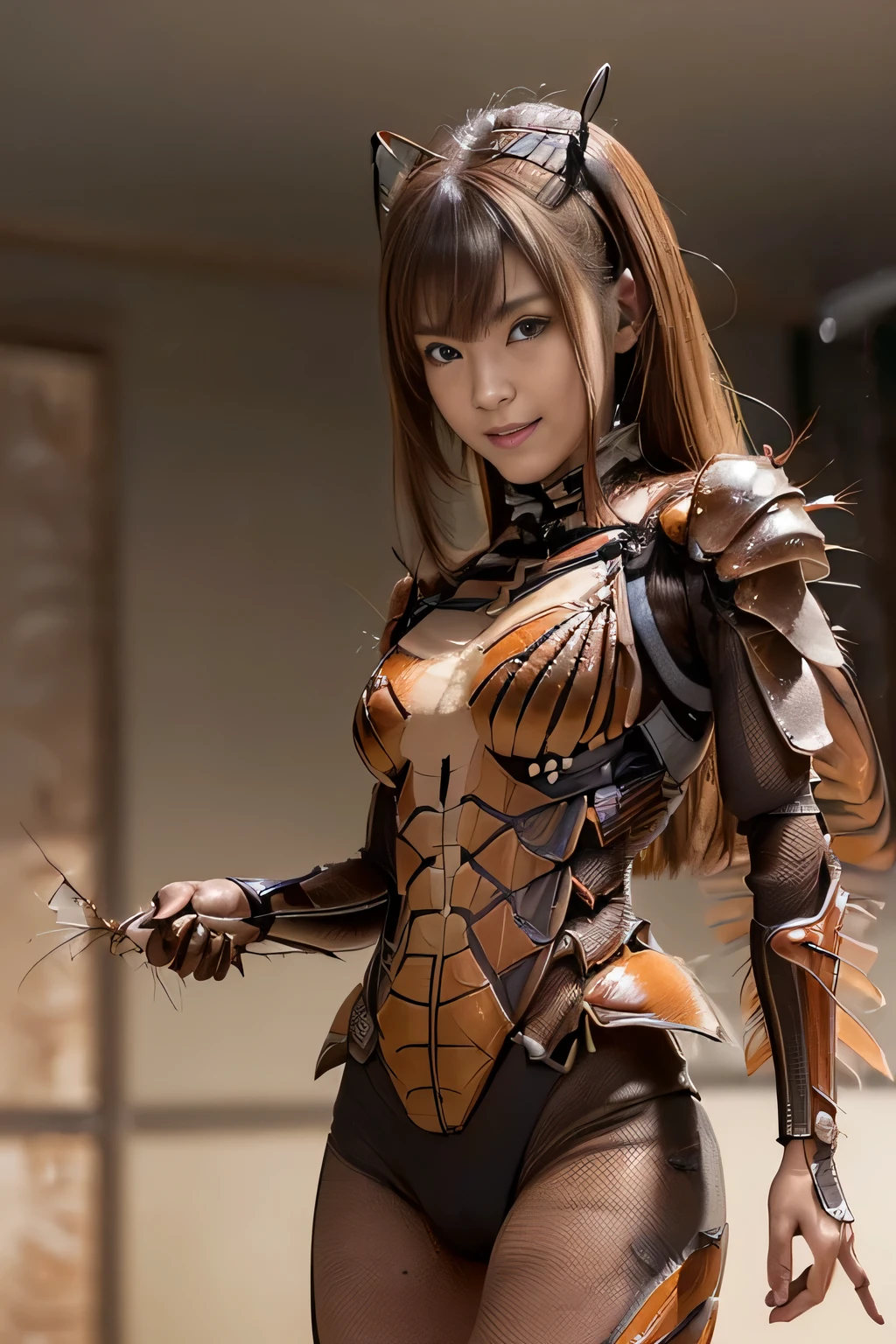 (High resolution,masterpiece,highest quality,Very detailed CG, anime, official art:1.4), realistic, photograph, amazing detail, all complicated, luster and luster,great many layers, 8k wallpaper, 3D, sketch, cute, figure,( alone:1.4), perfect female proportions,villain's daughter, (Fusion of dark brown cockroach and lady:1.4), (brown cockroach form lady:1.2), (brown cockroach woman:1.2), (Fusion:1.2), (alone:1.4), (evil smile:1.2), muscular, abs, (Cockroach brown exoskeleton bio insect suit:1.4), (Cockroach brown exoskeleton bio insect armor:1.2), (brown transparent cockroach feathers:1.4), (brown cockroach antenna:1.3),