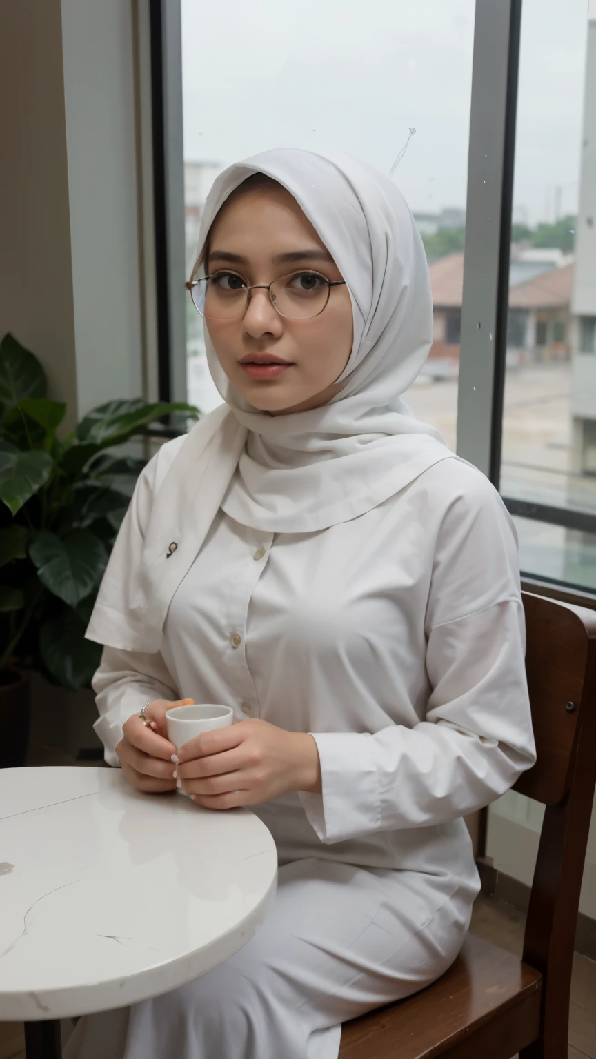 Zahra Ayu 23 years old 160cm 55kg wearing white hijab and white long dress from top to above, sitting inside coffee shop. Rainy season. Thunderstorm. Wearing eye glasses. Bright face.