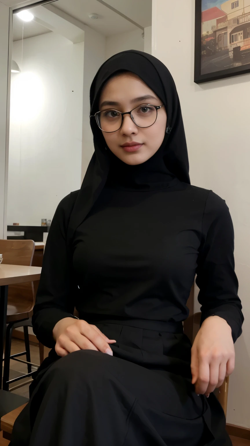 Zahra Ayu 23 years old 160cm 55kg wearing black hijab, black longsleeve, blue long skirt, sitting inside coffee shop. Wearing glasses. Bright face. Muslim.