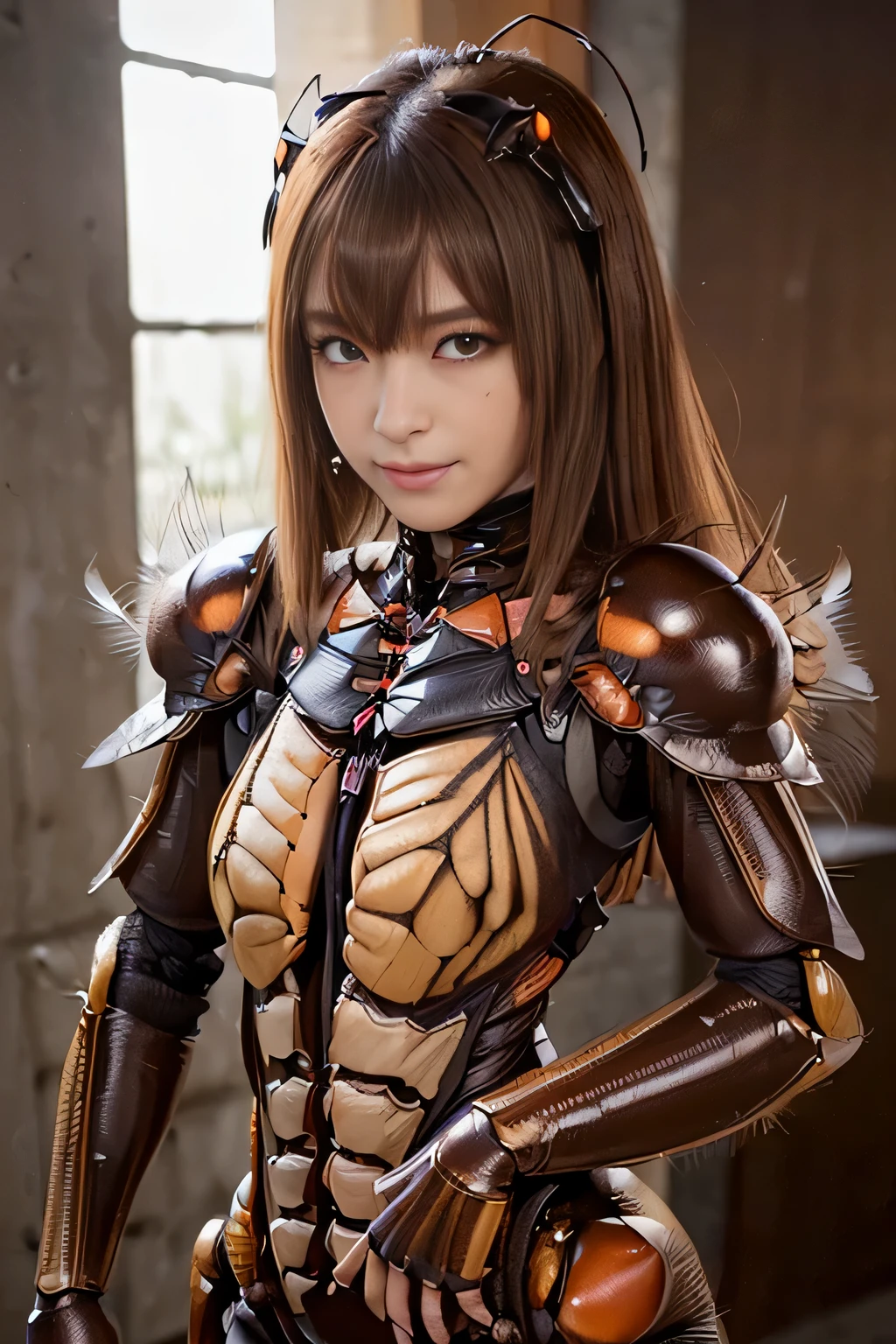 (High resolution,masterpiece,highest quality,Very detailed CG, anime, official art:1.4), realistic, photograph, amazing detail, all complicated, luster and luster,great many layers, 8k wallpaper, 3D, sketch, cute, figure,( alone:1.4), perfect female proportions,villain's daughter, (Fusion of dark brown cockroach and lady:1.4), (brown cockroach form lady:1.2), (brown cockroach woman:1.2), (Fusion:1.2), (alone:1.4), (evil smile:1.2), muscular, abs, (Cockroach brown exoskeleton bio insect suit:1.4), (Cockroach brown exoskeleton bio insect armor:1.2), (brown transparent cockroach feathers:1.4), (brown cockroach antenna:1.3)