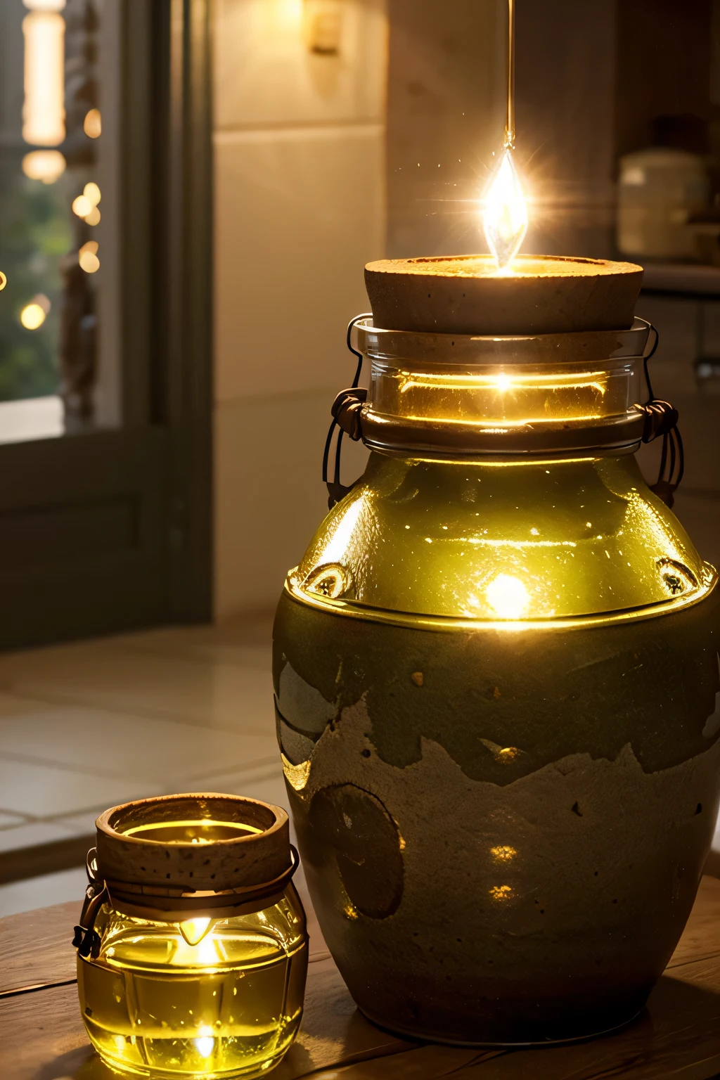 2 potes de barro com azeite, algumas ajetonas e um pote transparente de azeite transbordando sendo derramado (majestic image with lights and shine coming out of the oil