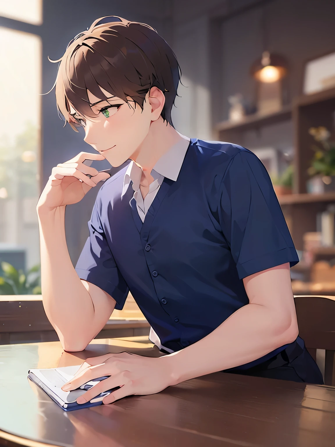 Wearing a blue short-sleeved formal shirt