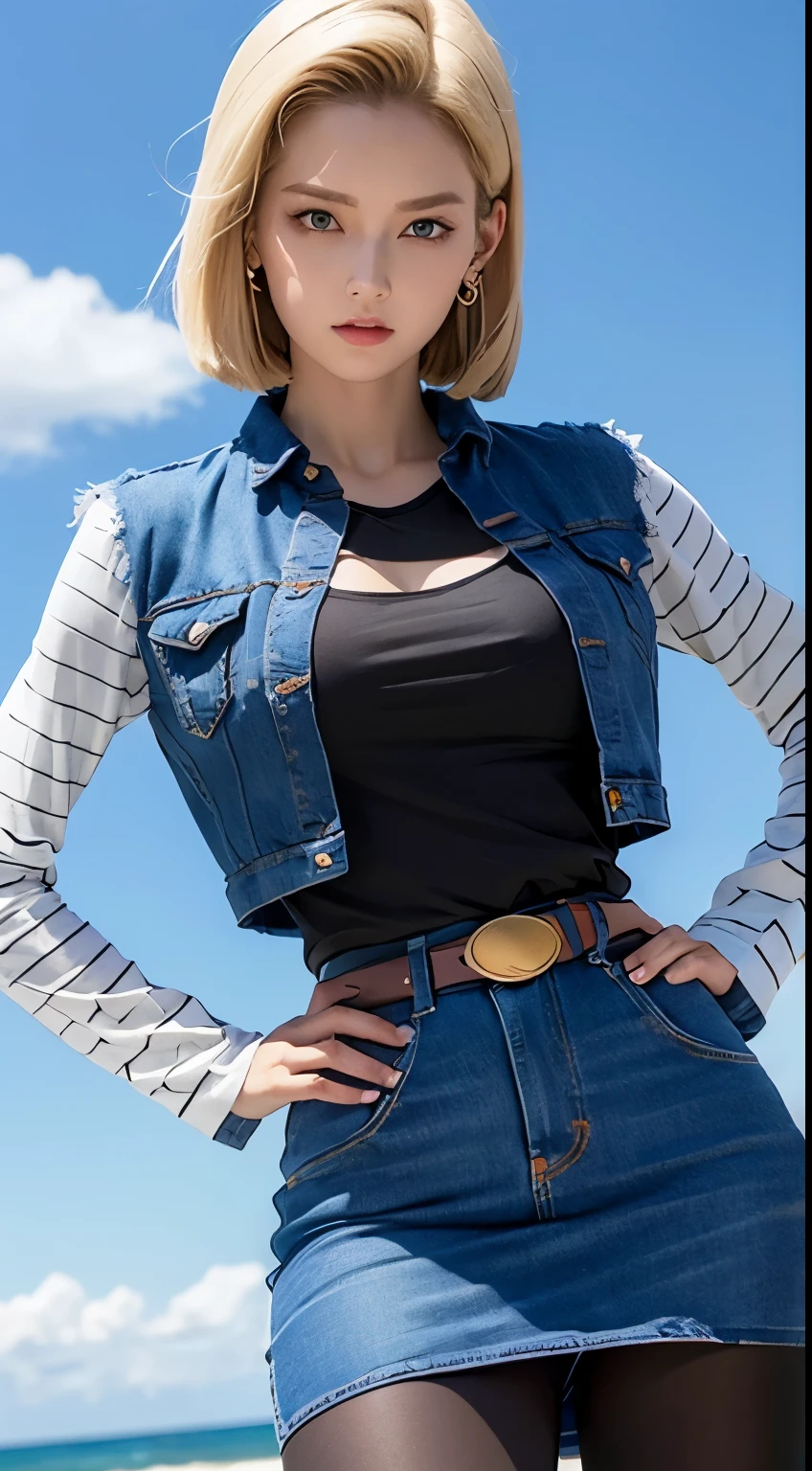 ultrarealista, (Mejor calidad, 8k, obra maestra: 1.3), ((android 18, belt, hand on hip, looking at viewer, denim, sky background, black shirt, short hair, denim skirt, solo, skirt, (hair blonde), brown belt, blue eyes, striped sleeves, closed mouth, shirt, earrings, jewelry, pantyhose, long sleeves hermosa con figura perfecta: 1.2, piel altamente detalladas, ojos detallados, párpados dobles, pechos grandes,))