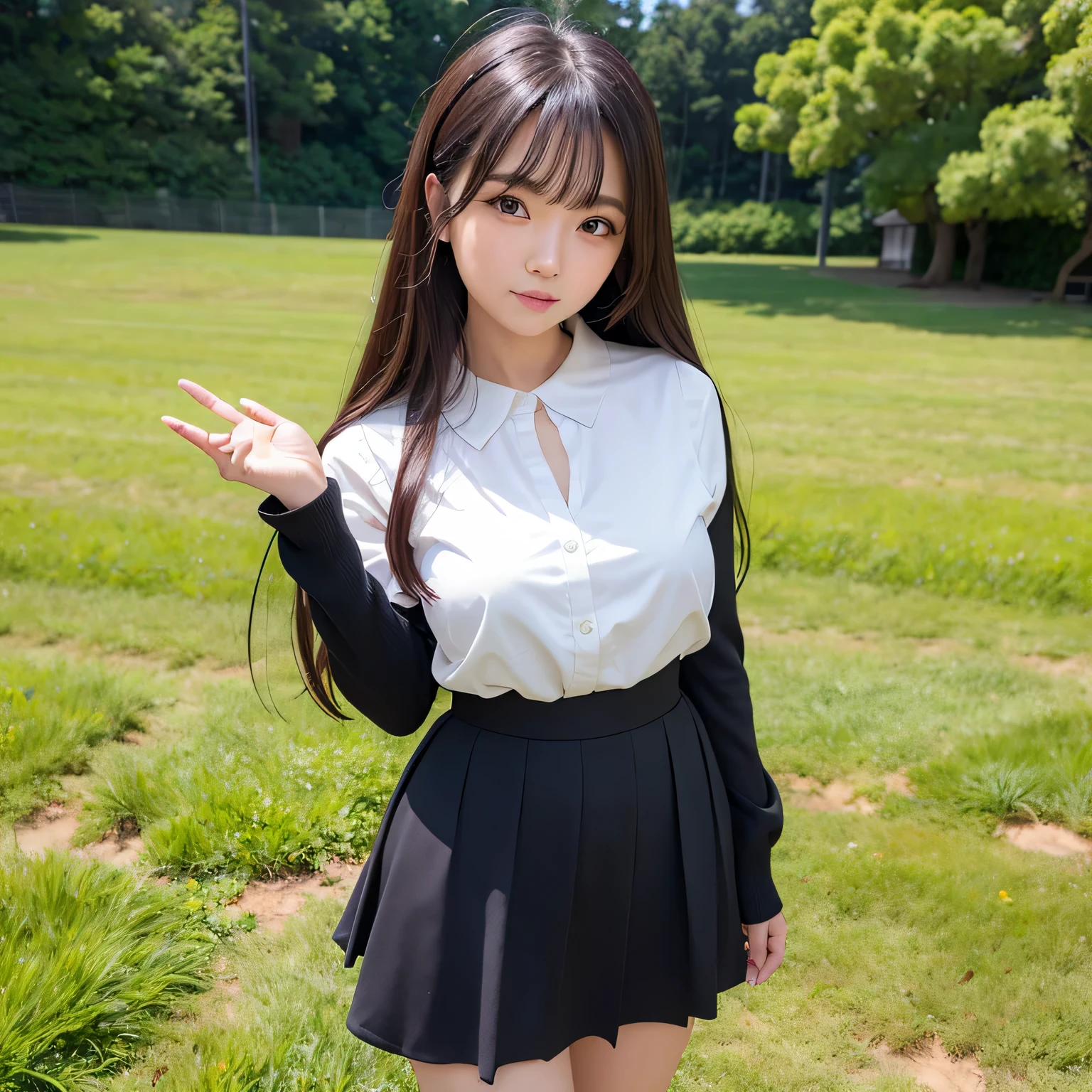 (masterpiece, 4k quality, detailed), realistic photo, 1 japanese girl, big round eyes with aegyo sal, wearing a black blouse, black skirt, standing, cute pose,, textured long thick hair, half body picture, green field background