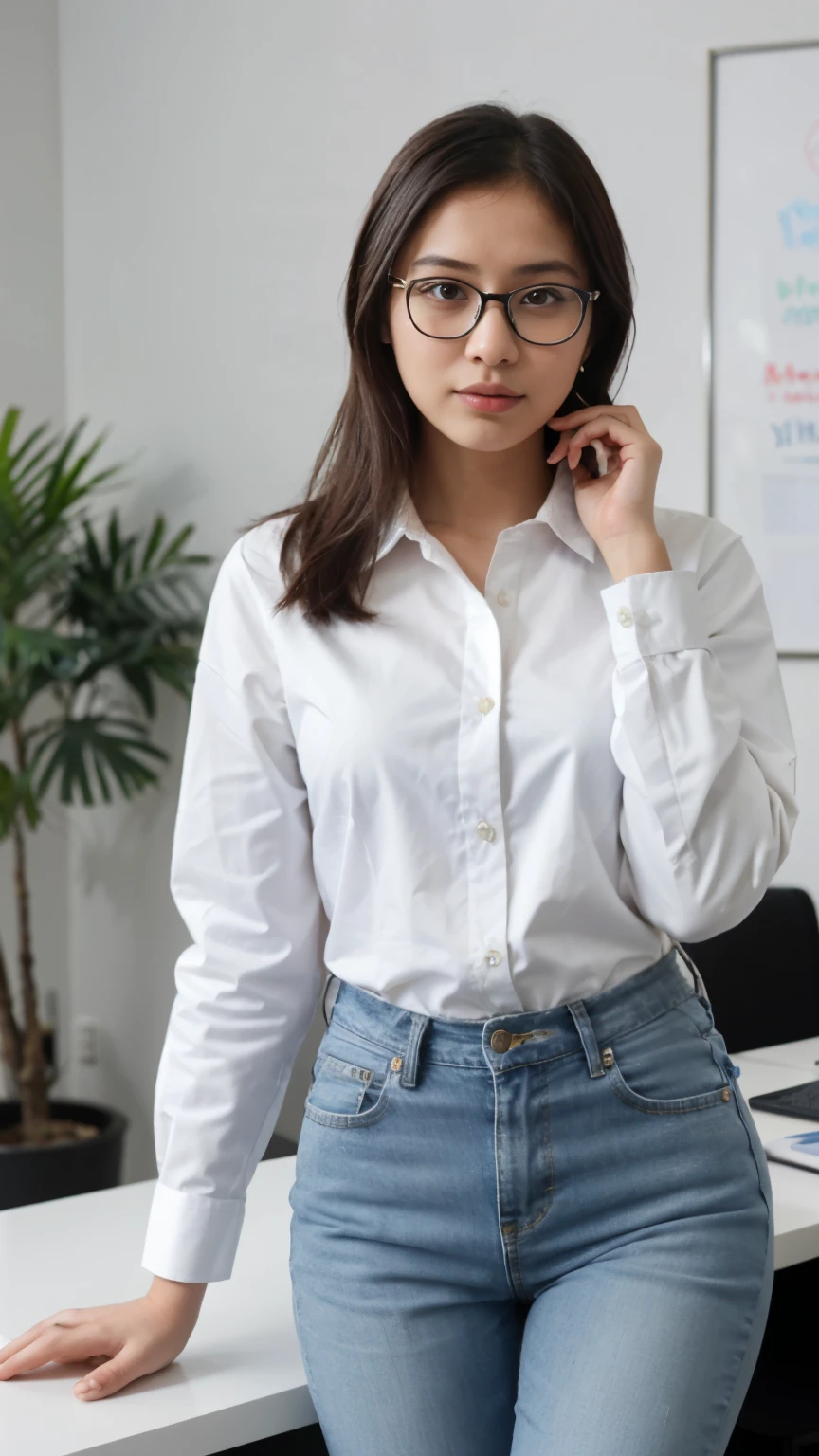Zahra Ayu 23 years old 160cm 55kg wearing white button shirt, blue jeans, medium hair, Wearing glasses. Bright face. Office suit.