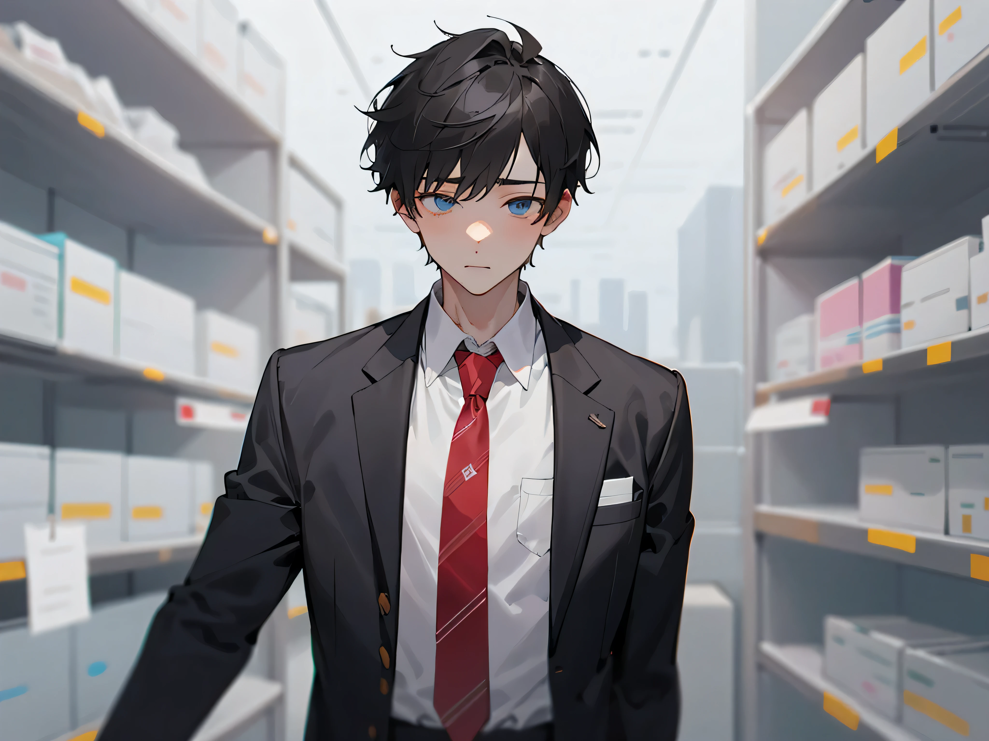 1boy,adult,Impatient expression,Business suit,jacket,whiteshirt,upper body,necktie,dull,pants,best quaity,employee,face detail,(background office)