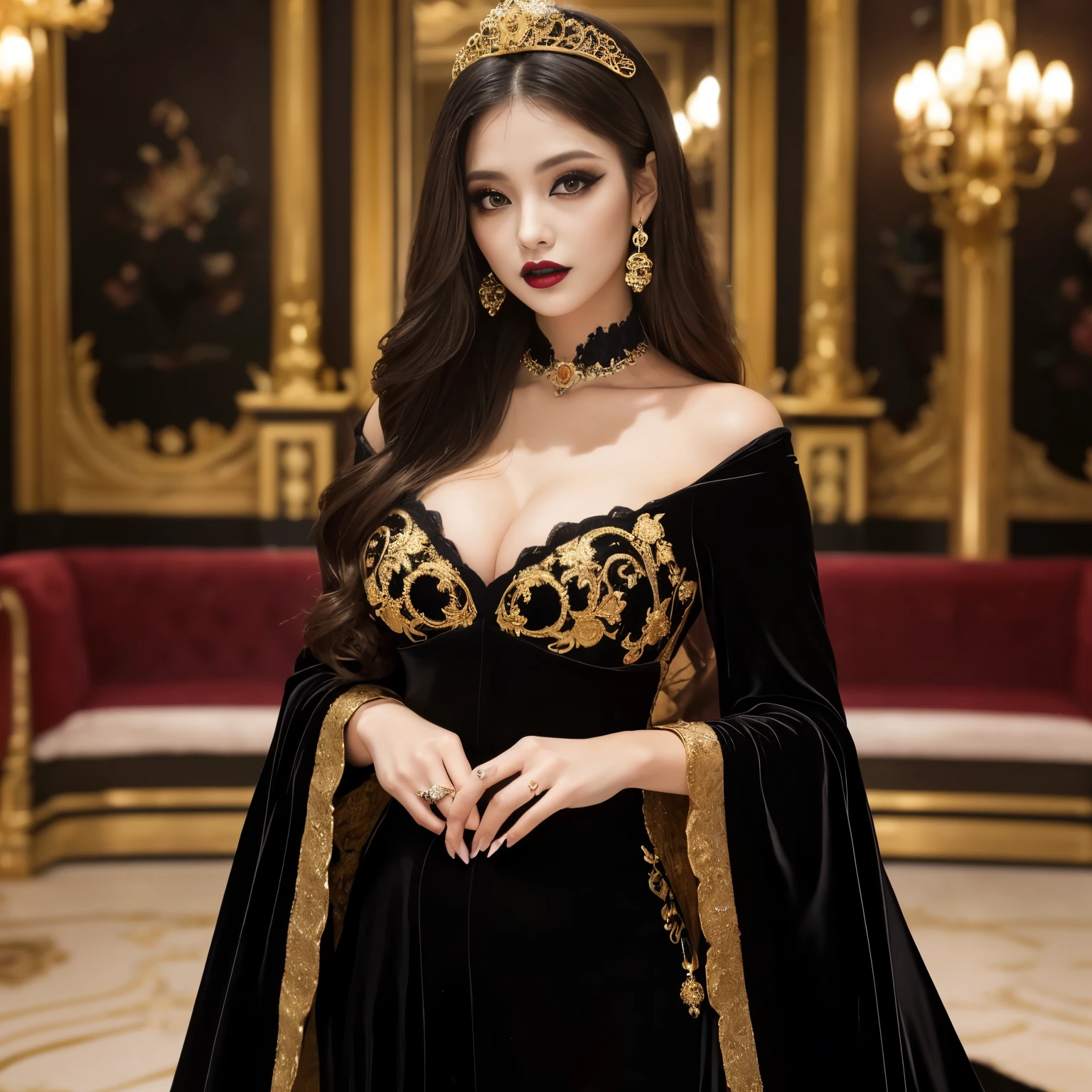 ((highest quality、table top、8K、best image quality、hyper realism、The most complex and realistic textures))、(Focus on one vampire princess:1.1)、((creepy and sexy makeup、eye shadow、black lips:1.2))、the most intricate and luxurious black dress、look at me and smile、Photo from the waist up、Big breasts that are about to burst、perfect anatomy、The background is the most gorgeous princess'room with at、(The most luxurious and sparkling princess room、world'The most luxurious black and gold royal VIP room、完璧な光沢のある黒と金room with at、black and gold royal VIP room:1.1)、luxury bed、huge bed、Complete interior of luxury royal bedroom、black dress decorated with jewels、black jewel dress、Luxury beyond imagination、inside the royal palace、 a room decorated with many ornaments,、ornate decoration、the most luxurious decoration、luxurious and intricate bed、Very complex and detailed background、perfect shiny decoration、marble、slightly pregnant