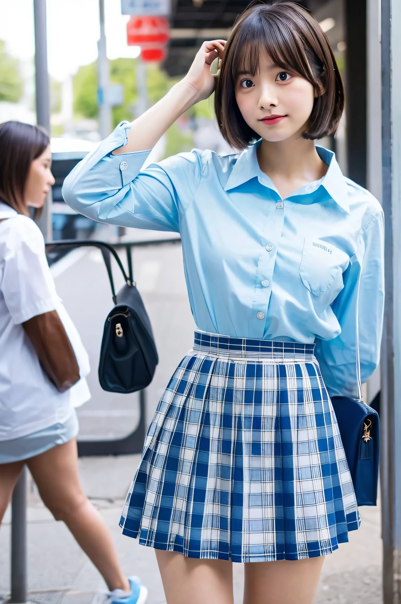 super mini skirt(Light blue plaid)20 year old high school girl wearing a white shirt.(short bob hair)