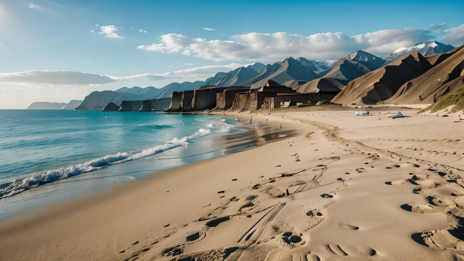 deserted beach against the backdrop of the sea, sky and mountains, Global Illumination