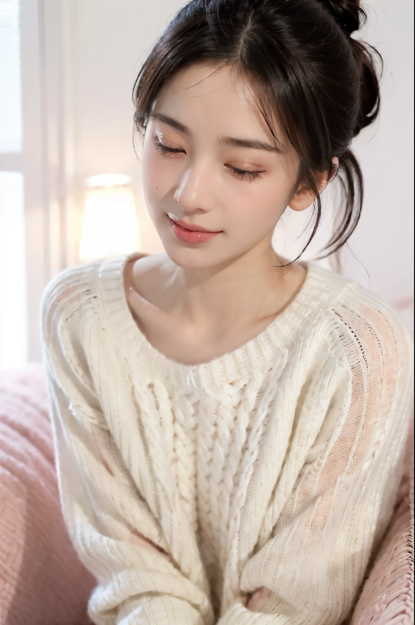((((8k))),((Extremely meticulous CG)) ,(wallpaper),16k,((Extremely refined and beautiful))，(((Masterpiece))),(((best qualtiy))),(((Ultra High Resolution))),beautiful light up,Perfect lightning,realistic shaded,(A high resolution),(Smooth and flawless fair skin:1.5),(pale skin:1.3),(Extremely exquisite facial details:1.3),(perfect body:1.1),(ultra - detailed),A beautiful girl,solo,small head,(black short ponytail:1.2),(small face:1.2),Exquisite makeup,(close eyes:1.5),(sleeping:1.2),(blush:1.5),(small breasts:1.1),flat chests,slim,thin,happy,(Smile:1.2),(white sweater:1.5),(night scene:1.5),indoor,(In the pink bedroom:1.3),(sitting:1.3),(close-up of face:1.3),(from front:1.3),