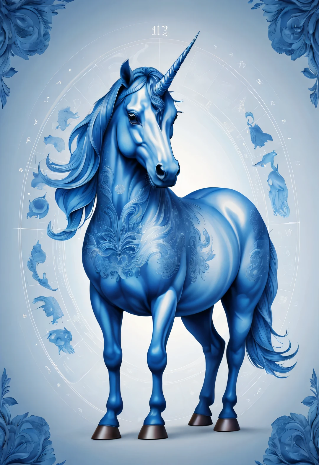 blueprint art style,a huge translucent blue unicorn body blends into the zodiac graphics，portrait, Beautiful detailed