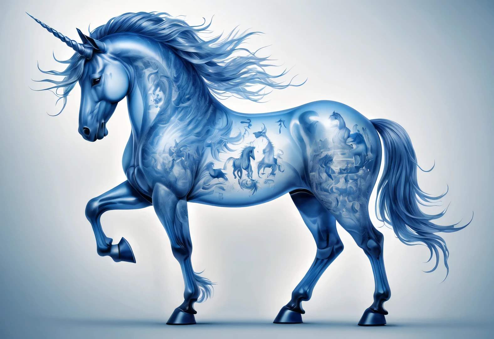 blueprint art style,a huge translucent blue unicorn body blends into the zodiac graphics，portrait, Beautiful detailed