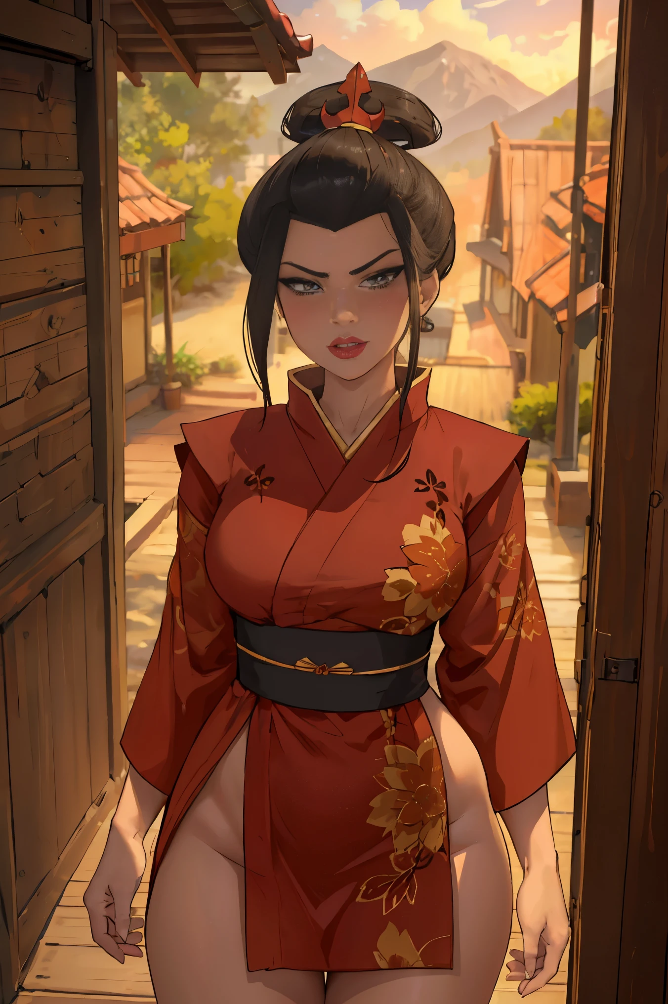 Beautiful, Masterpiece, Best Quality, extremely detailed face, perfect  lighting, Cowboy shot, 1girl, Azula, the perfect body, kimono, seductive, pomade, blushful, moan, makeup, looking a viewer, wide thighs, Erotica,