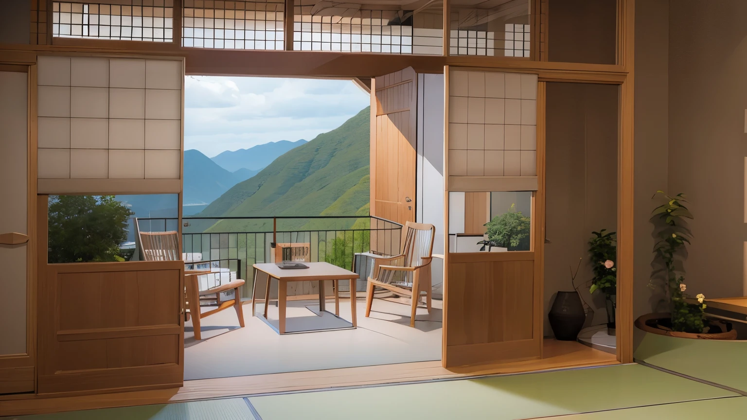 ryokan, scenery, table, chair, indoors, window, sliding doors, shadow, tatami, door, realistic,