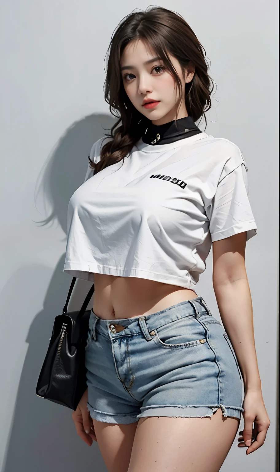 Chubby woman with fat belly and tight thighs, full body, 50-year-old mature woman, thick hips, thick neck, thick chest, big eyes, seductive , wearing t-shirts and thight short pants