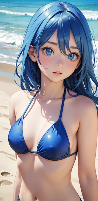 Realistic、1girl、blue hair、blue eyes、(blue enamel bikini)、cute face,upper body:1.5,beach、wallpaper