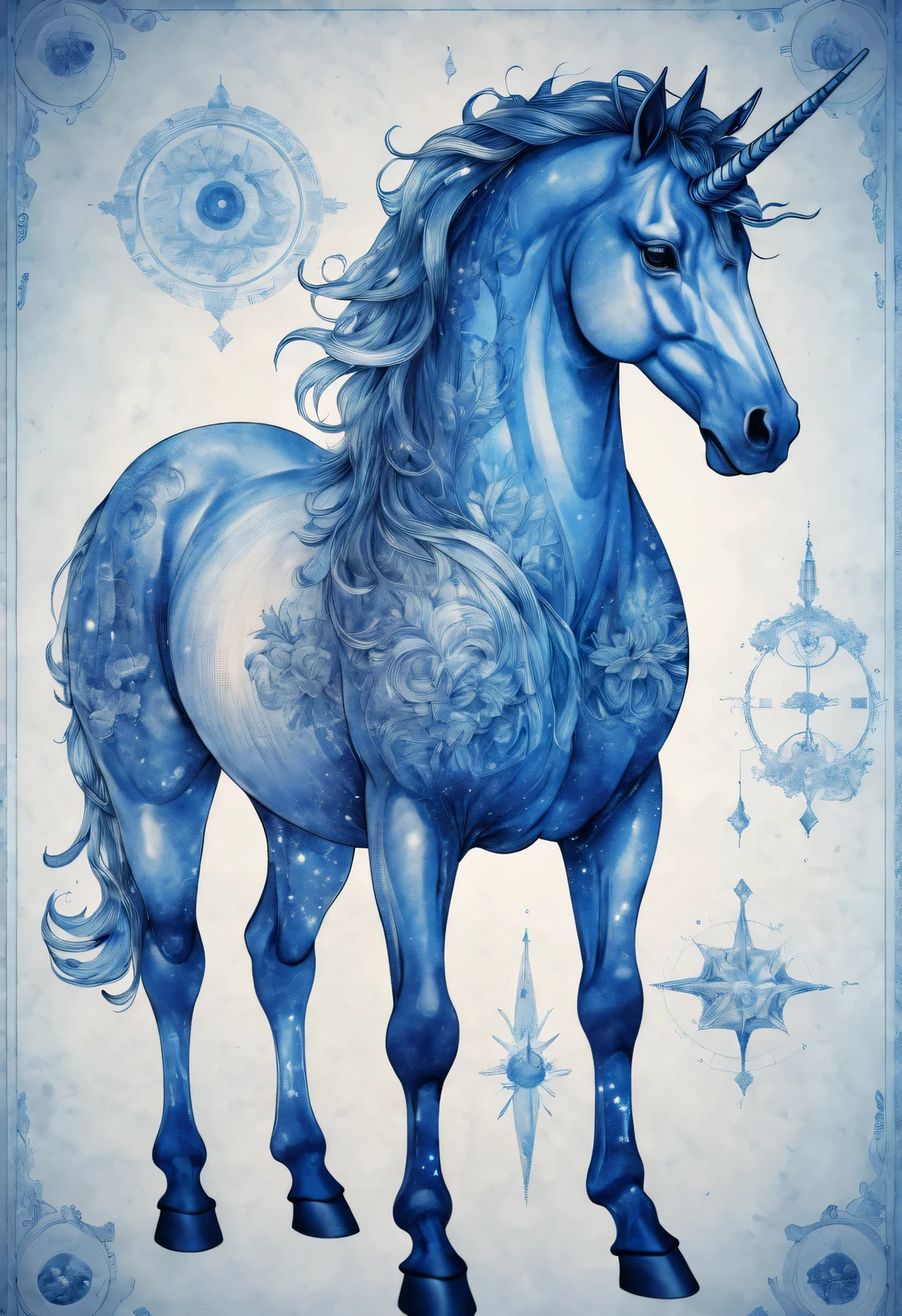 blueprint art style,a huge translucent blue unicorn body blends into the zodiac graphics，portrait, Beautiful detailed