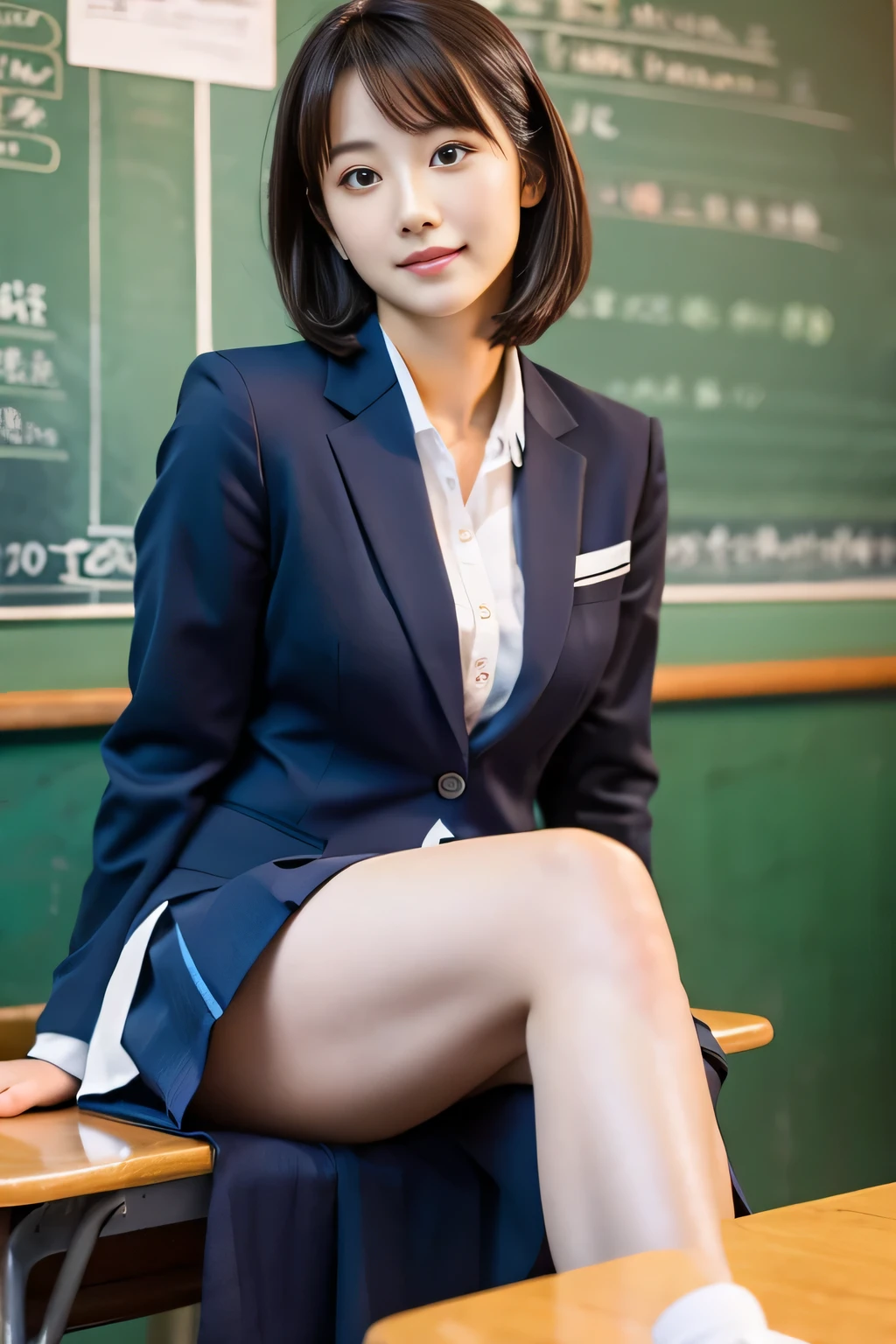 table top, highest quality, shape, Super detailed, finely, High resolution, 8k wallpaper, 完璧なダイナミックな構shape,Beautiful woman at 30 years old,sexy,Japanese、short cut hair、school uniform、thighs